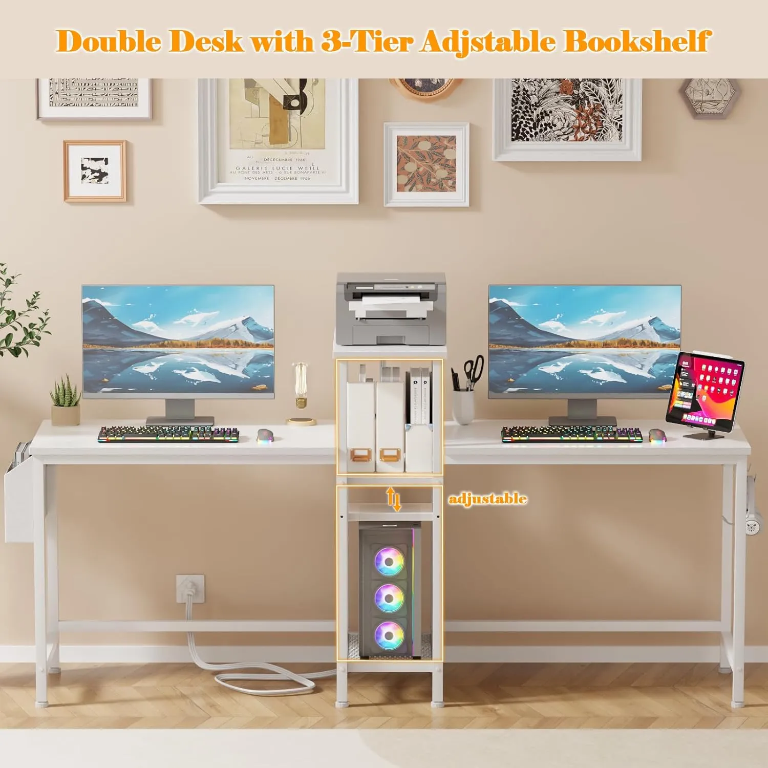 Furologee Double Desk with Power Outlets, 71 Inch Computer Desk with Storage Bag and Headphone Hooks, Gaming Desk Study Writing Table for Home Office, White