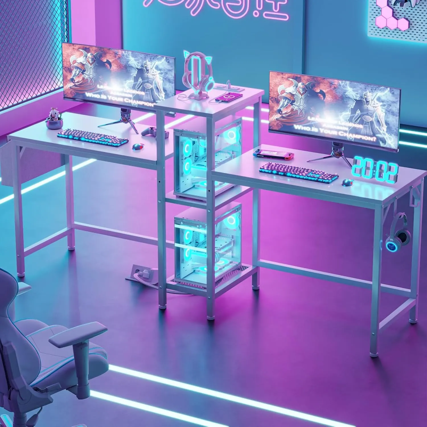 Furologee Double Desk with Power Outlets, 71 Inch Computer Desk with Storage Bag and Headphone Hooks, Gaming Desk Study Writing Table for Home Office, White