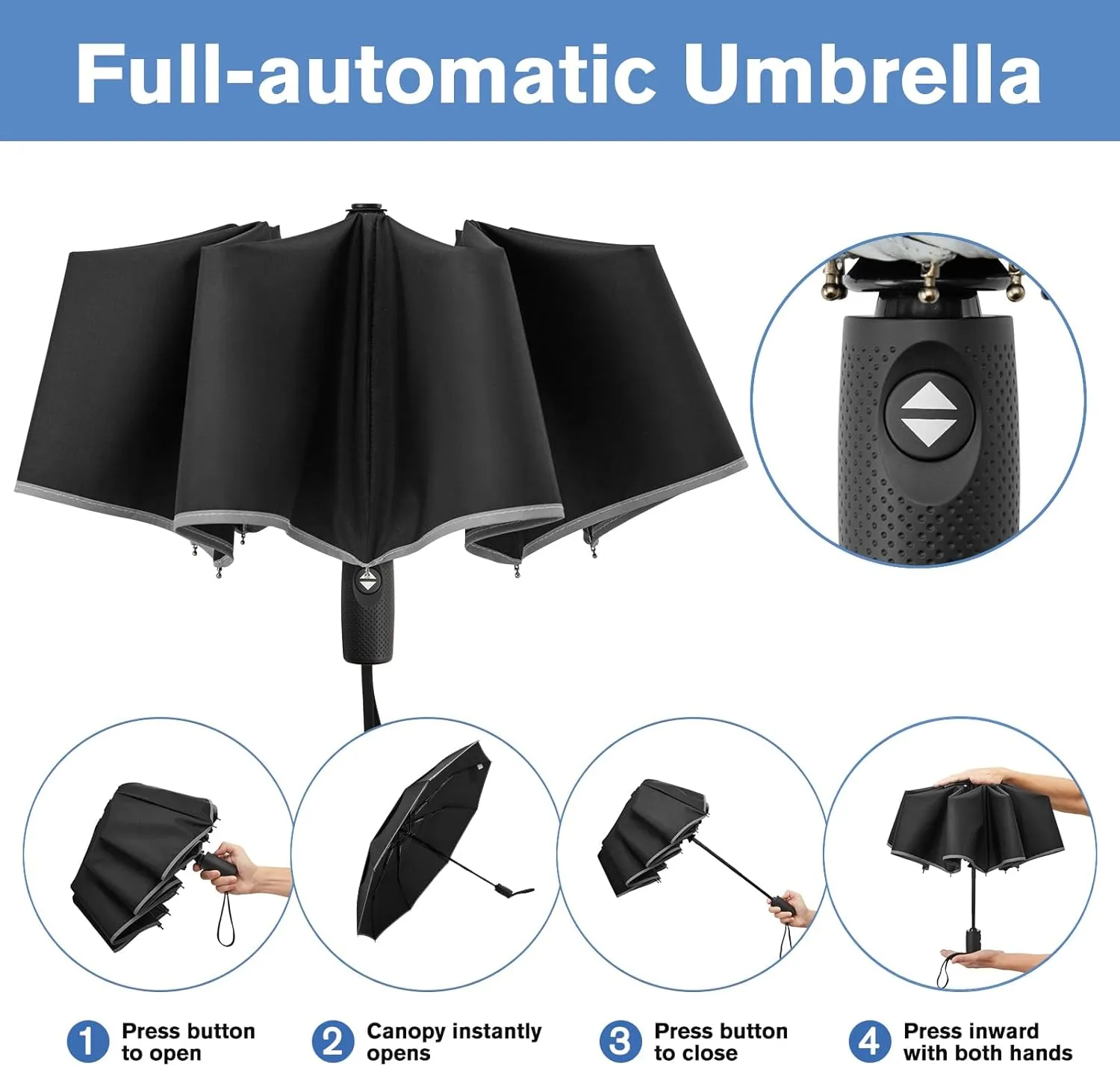 G4Free Eco Windproof Travel Umbrella for Rain & Sun, Strongest Fiberglass Frame, Double Canopy with Reflective Strip, Auto Open Close Folding Umbrella For Car, Backpack, Purse