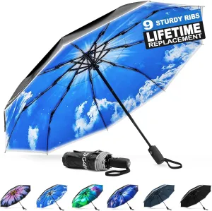 G4Free Eco Windproof Travel Umbrella for Rain & Sun, Strongest Fiberglass Frame, Double Canopy with Reflective Strip, Auto Open Close Folding Umbrella For Car, Backpack, Purse