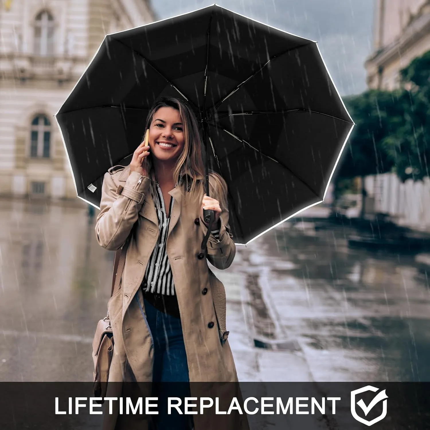 G4Free Eco Windproof Travel Umbrella for Rain & Sun, Strongest Fiberglass Frame, Double Canopy with Reflective Strip, Auto Open Close Folding Umbrella For Car, Backpack, Purse