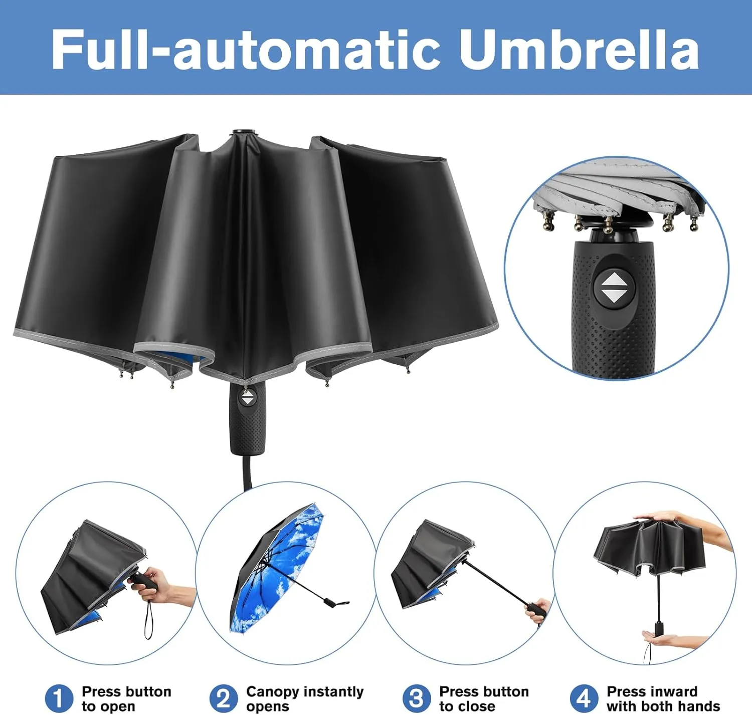 G4Free Eco Windproof Travel Umbrella for Rain & Sun, Strongest Fiberglass Frame, Double Canopy with Reflective Strip, Auto Open Close Folding Umbrella For Car, Backpack, Purse