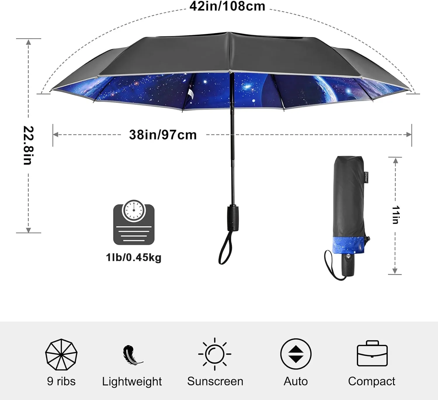 G4Free Eco Windproof Travel Umbrella for Rain & Sun, Strongest Fiberglass Frame, Double Canopy with Reflective Strip, Auto Open Close Folding Umbrella For Car, Backpack, Purse