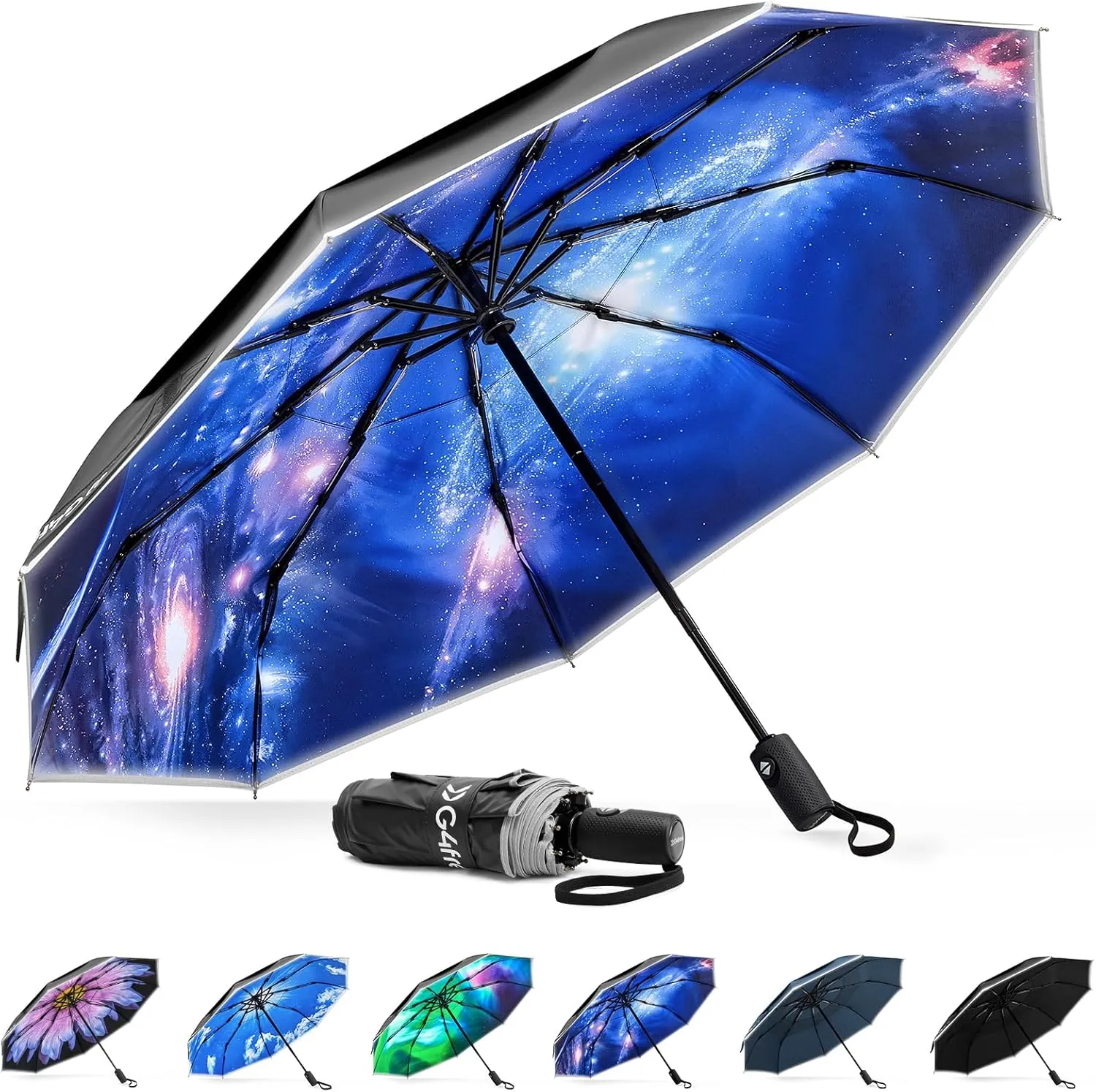 G4Free Eco Windproof Travel Umbrella for Rain & Sun, Strongest Fiberglass Frame, Double Canopy with Reflective Strip, Auto Open Close Folding Umbrella For Car, Backpack, Purse