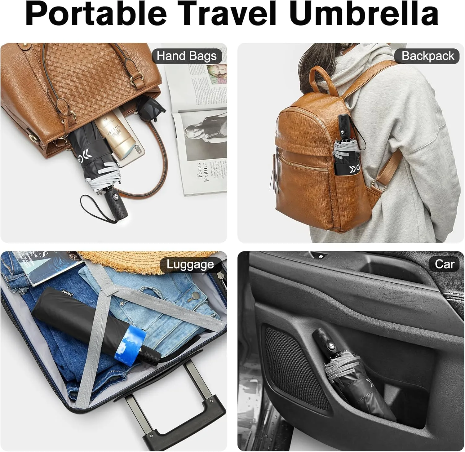 G4Free Eco Windproof Travel Umbrella for Rain & Sun, Strongest Fiberglass Frame, Double Canopy with Reflective Strip, Auto Open Close Folding Umbrella For Car, Backpack, Purse