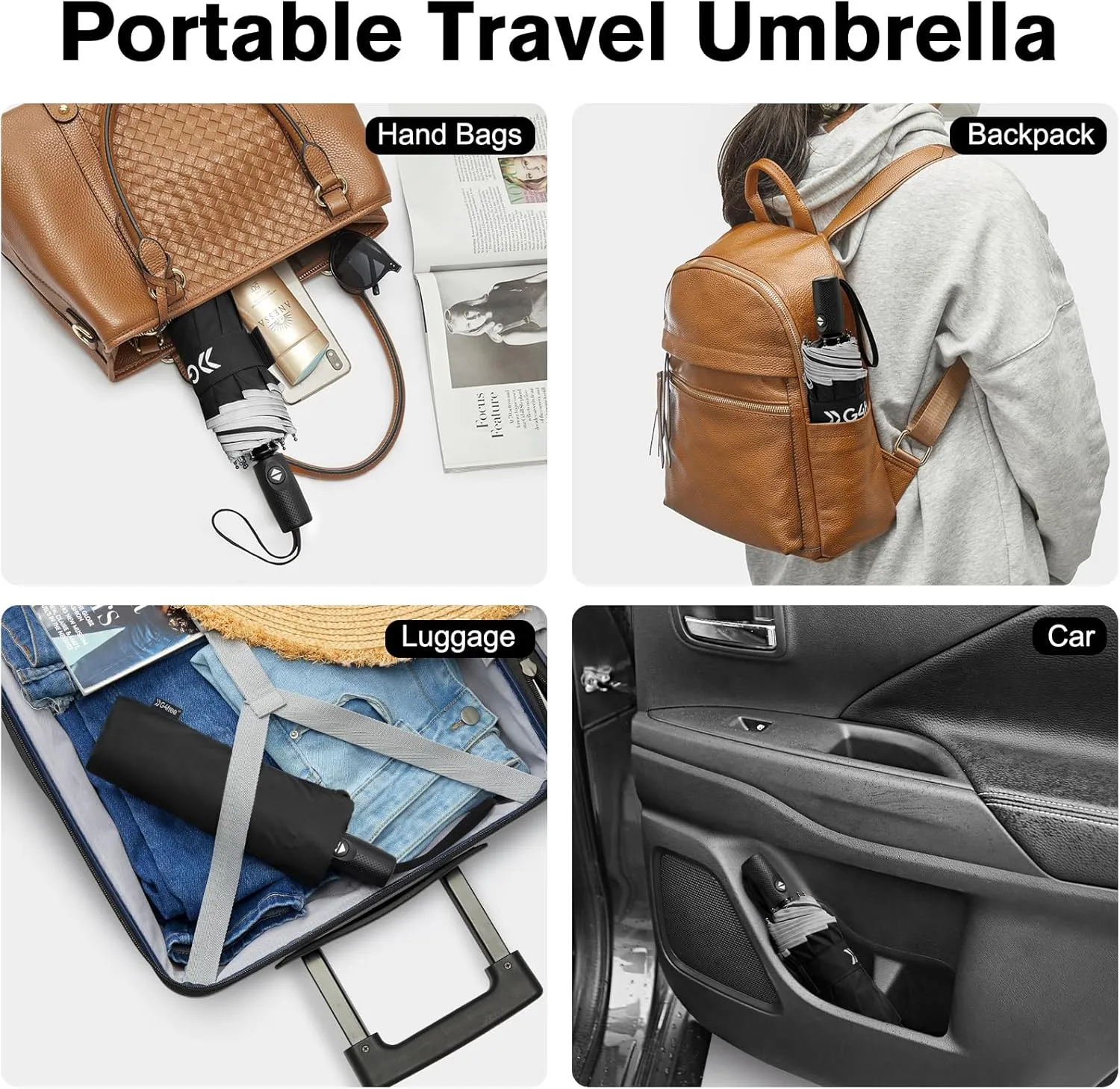 G4Free Eco Windproof Travel Umbrella for Rain & Sun, Strongest Fiberglass Frame, Double Canopy with Reflective Strip, Auto Open Close Folding Umbrella For Car, Backpack, Purse