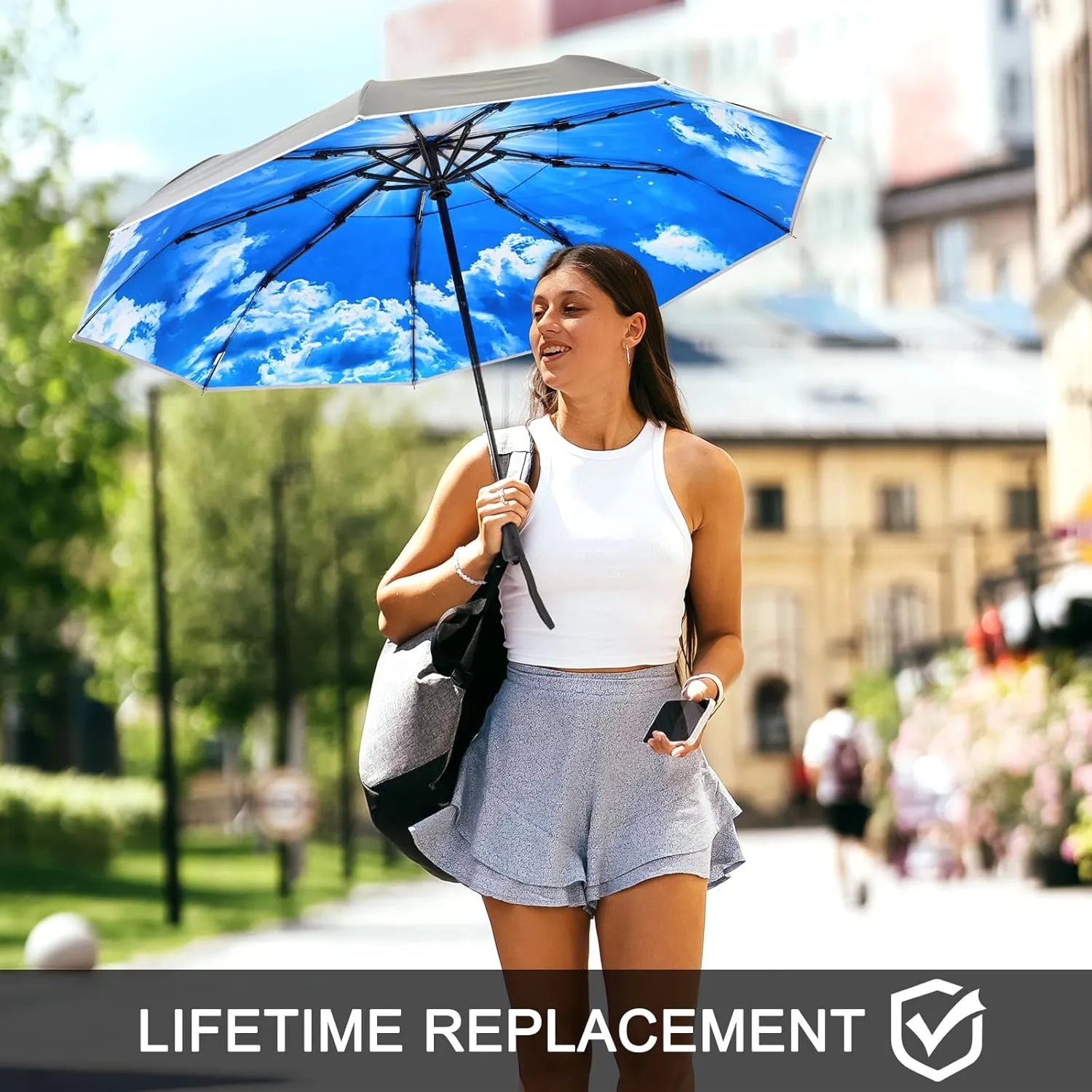 G4Free Eco Windproof Travel Umbrella for Rain & Sun, Strongest Fiberglass Frame, Double Canopy with Reflective Strip, Auto Open Close Folding Umbrella For Car, Backpack, Purse
