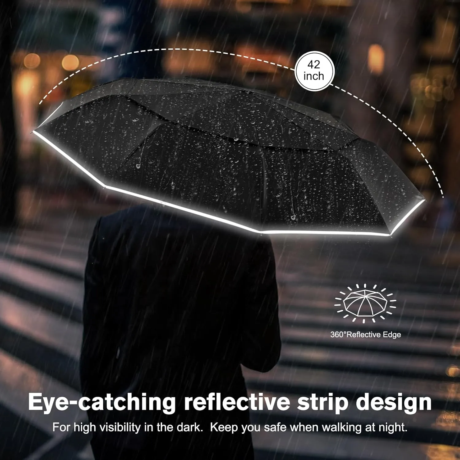 G4Free Eco Windproof Travel Umbrella for Rain & Sun, Strongest Fiberglass Frame, Double Canopy with Reflective Strip, Auto Open Close Folding Umbrella For Car, Backpack, Purse