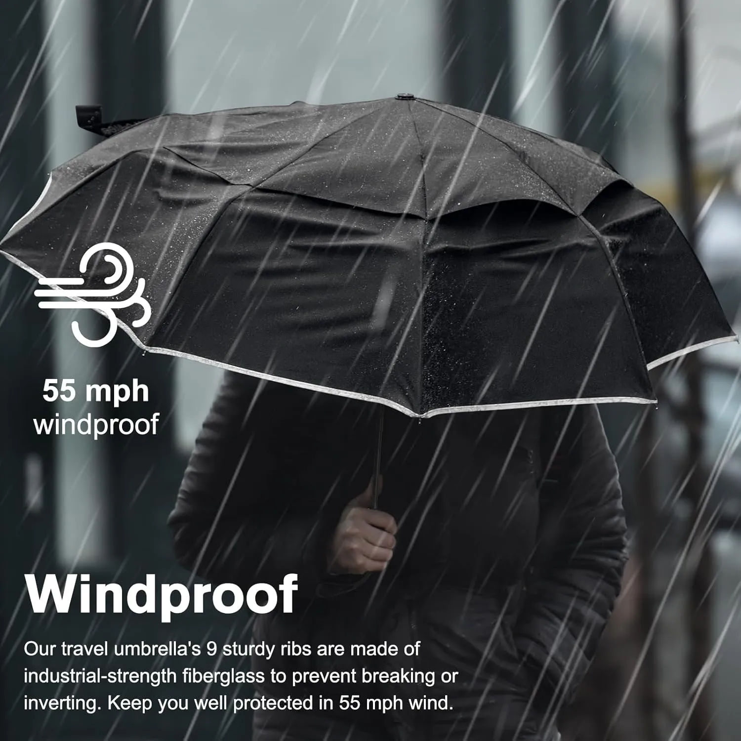 G4Free Eco Windproof Travel Umbrella for Rain & Sun, Strongest Fiberglass Frame, Double Canopy with Reflective Strip, Auto Open Close Folding Umbrella For Car, Backpack, Purse