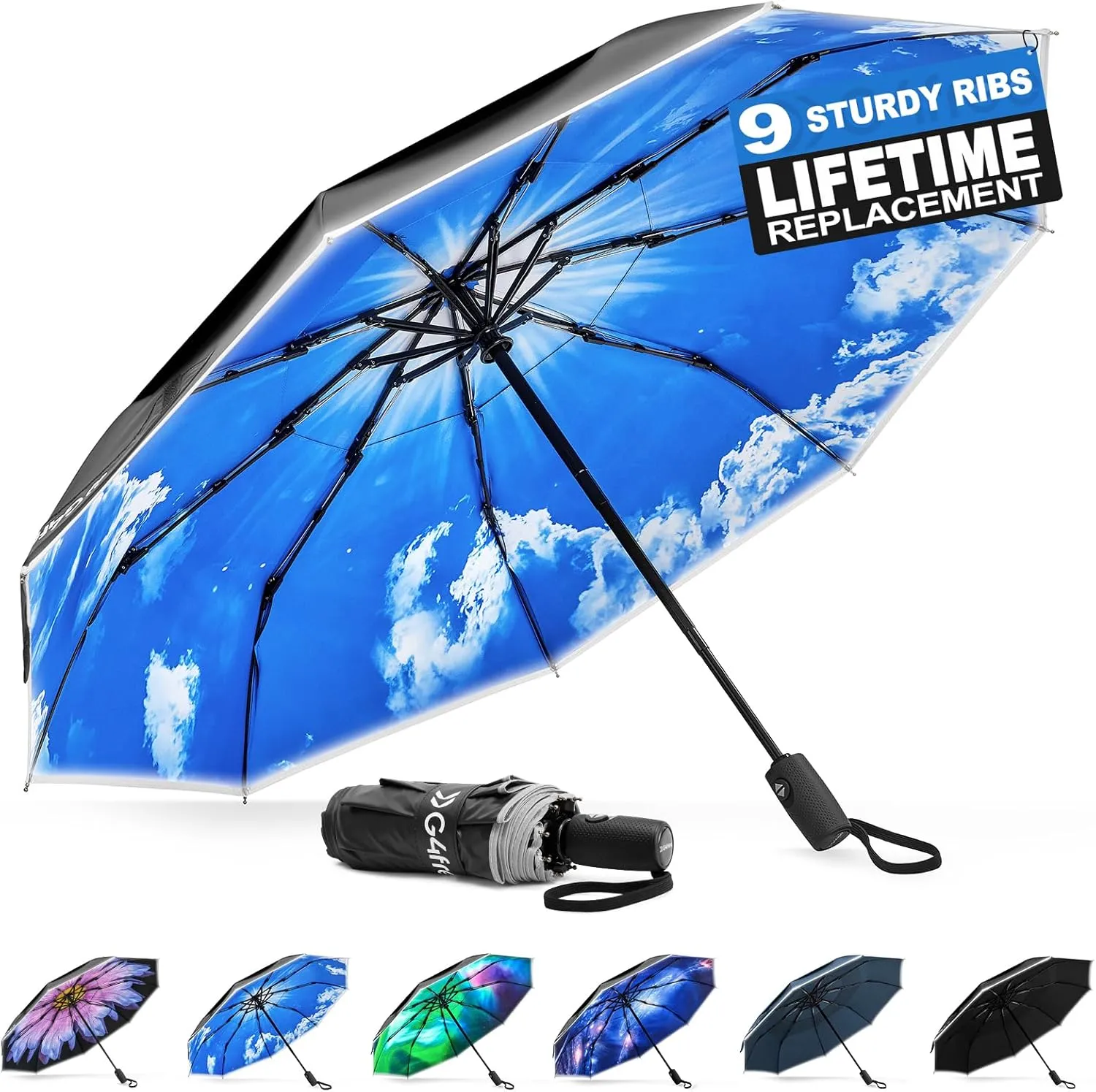 G4Free Eco Windproof Travel Umbrella for Rain & Sun, Strongest Fiberglass Frame, Double Canopy with Reflective Strip, Auto Open Close Folding Umbrella For Car, Backpack, Purse