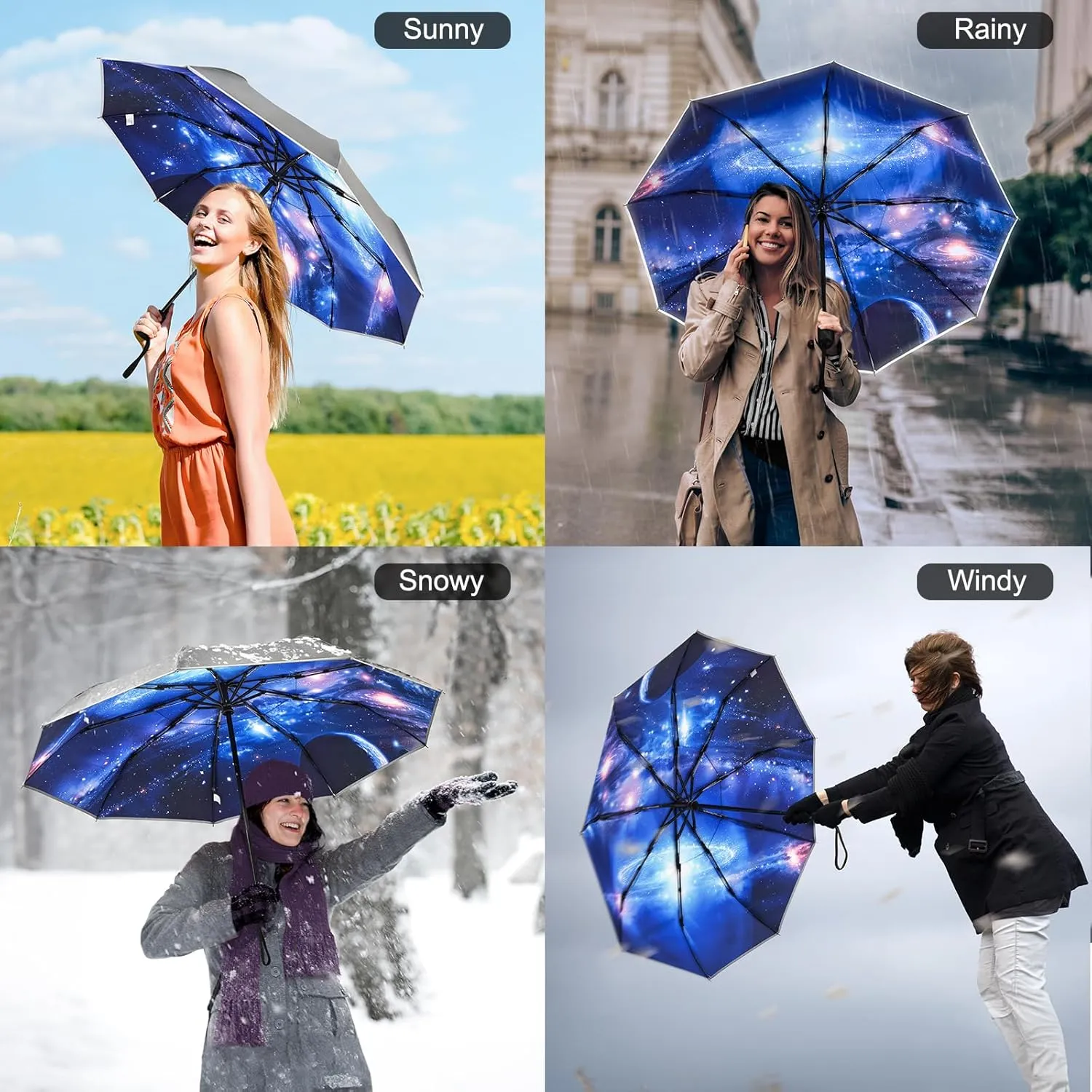 G4Free Eco Windproof Travel Umbrella for Rain & Sun, Strongest Fiberglass Frame, Double Canopy with Reflective Strip, Auto Open Close Folding Umbrella For Car, Backpack, Purse