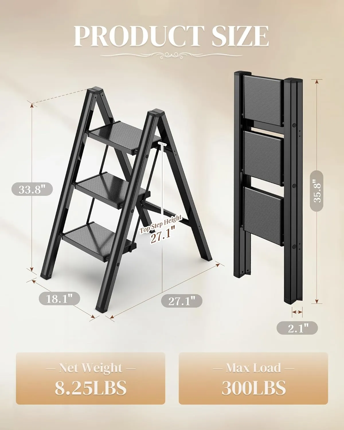 GameGem 3 Step Ladder, Folding Step Stool with Wider Pedal, Anti-Slip Feet & Non Slip Stripes, Aluminum Sturdy Material, 300Lbs Capacity, Elegant Look of Piano Black Better Matches Your Home