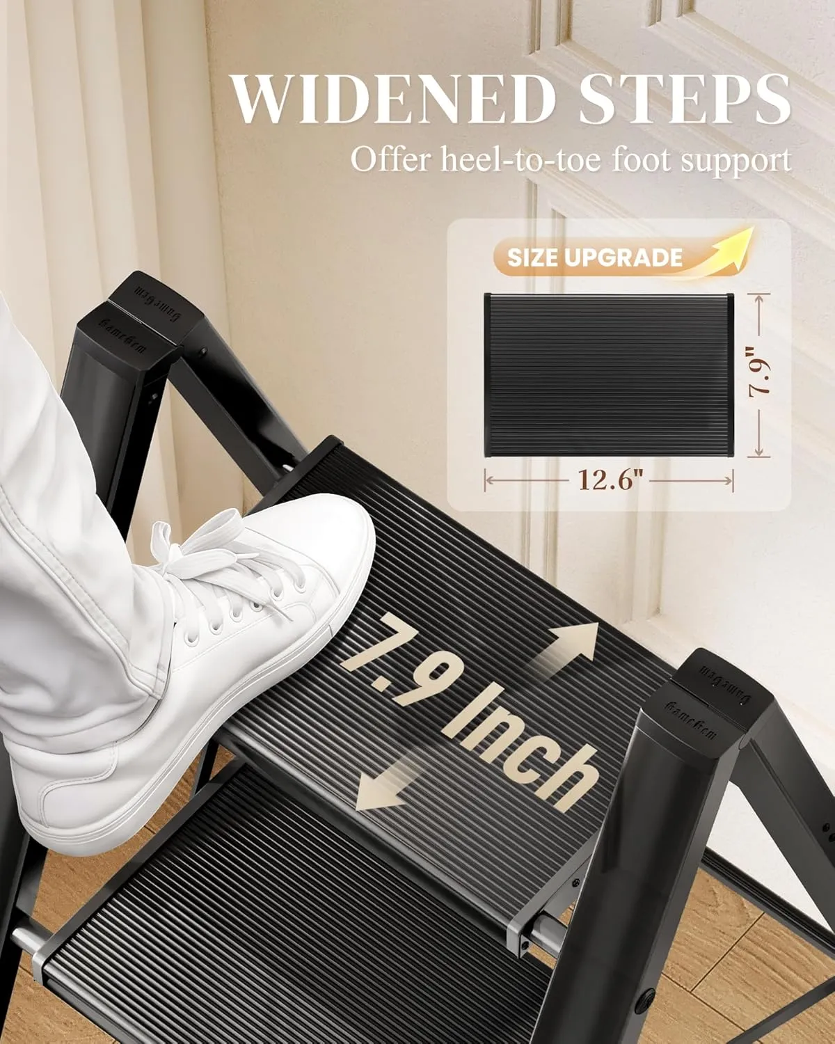 GameGem 3 Step Ladder, Folding Step Stool with Wider Pedal, Anti-Slip Feet & Non Slip Stripes, Aluminum Sturdy Material, 300Lbs Capacity, Elegant Look of Piano Black Better Matches Your Home