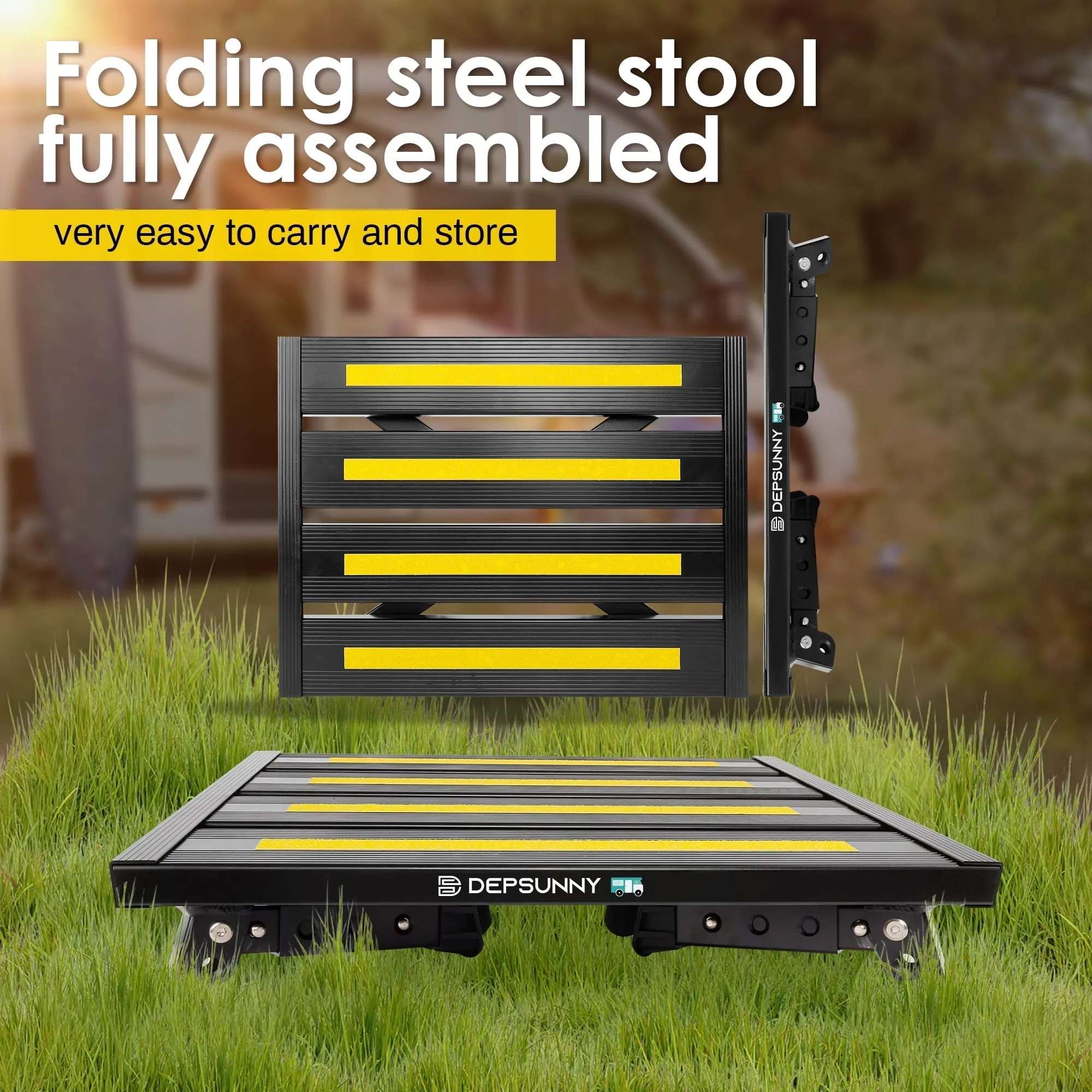 GanFindX Adjustable Height Aluminum RV Steps Stool Supports Up to 1,000 lb with Non-Slip Rubber Feet and Platform Mat, Black