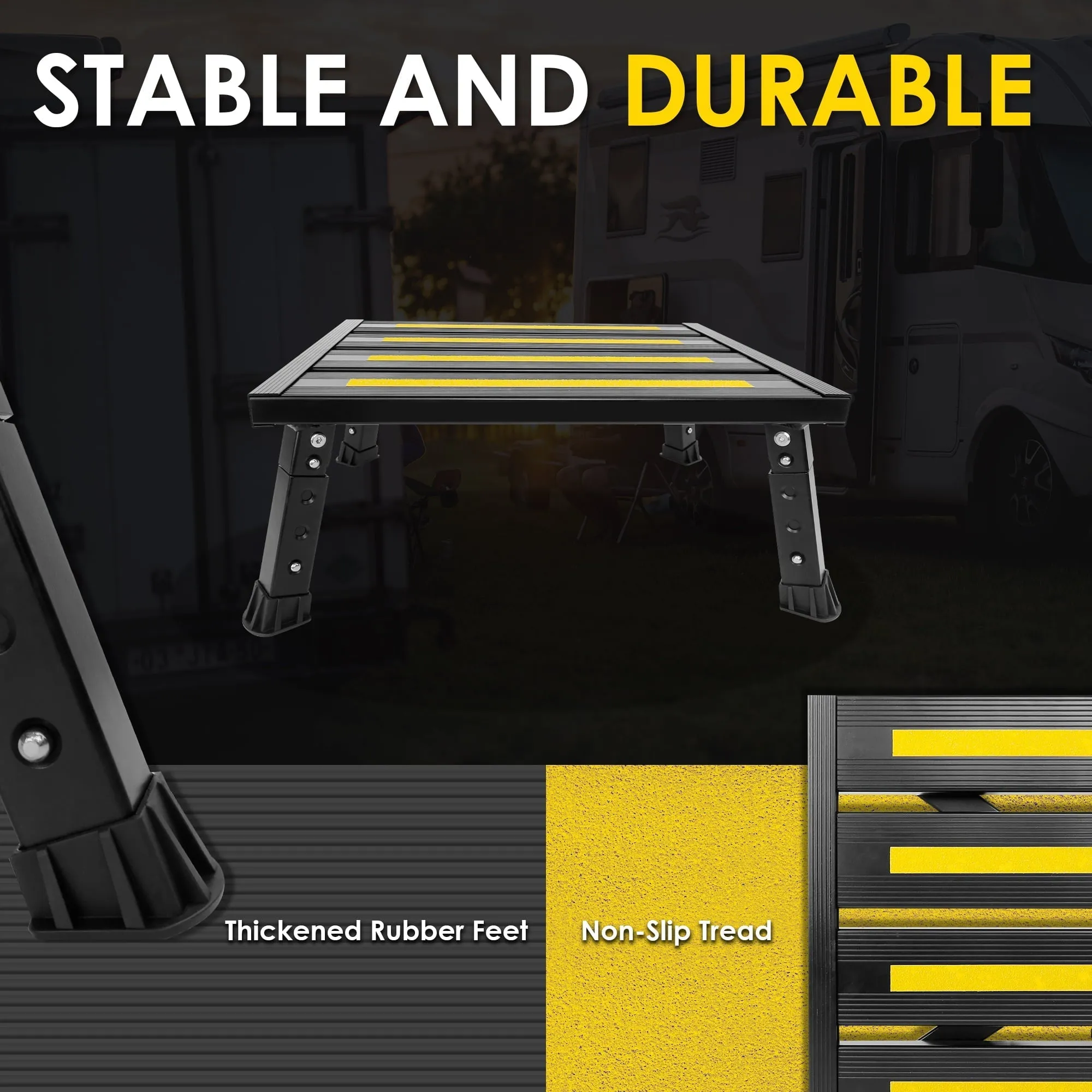 GanFindX Adjustable Height Aluminum RV Steps Stool Supports Up to 1,000 lb with Non-Slip Rubber Feet and Platform Mat, Black