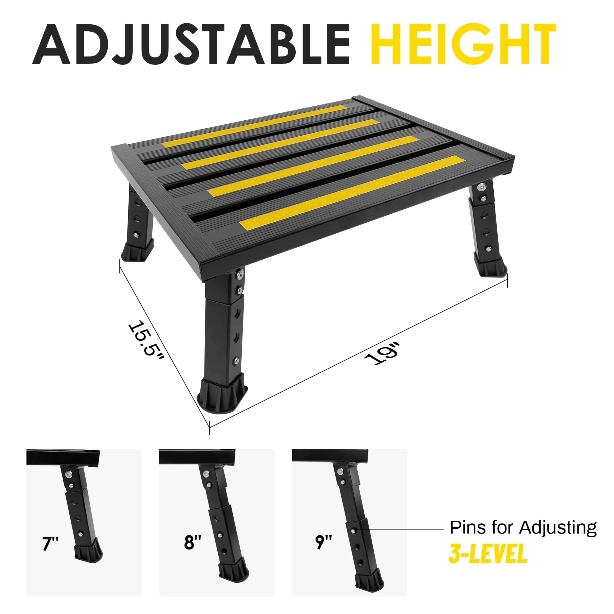 GanFindX Adjustable Height Aluminum RV Steps Stool Supports Up to 1,000 lb with Non-Slip Rubber Feet and Platform Mat, Black