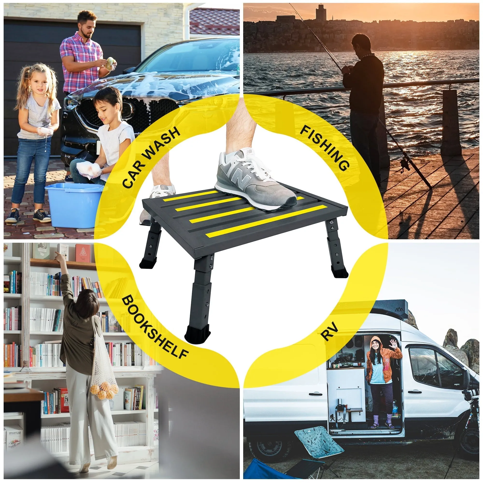 GanFindX Adjustable Height Aluminum RV Steps Stool Supports Up to 1,000 lb with Non-Slip Rubber Feet and Platform Mat, Black