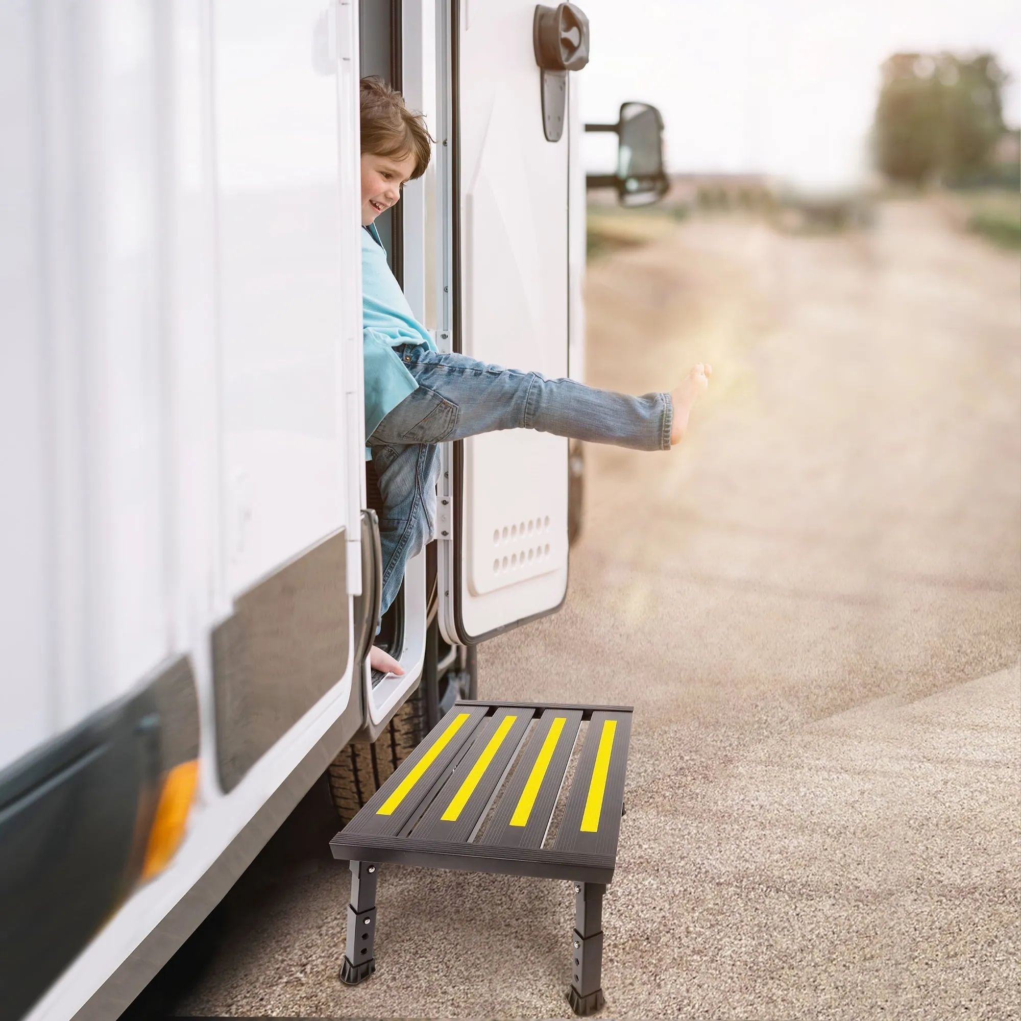 GanFindX Adjustable Height Aluminum RV Steps Stool Supports Up to 1,000 lb with Non-Slip Rubber Feet and Platform Mat, Black