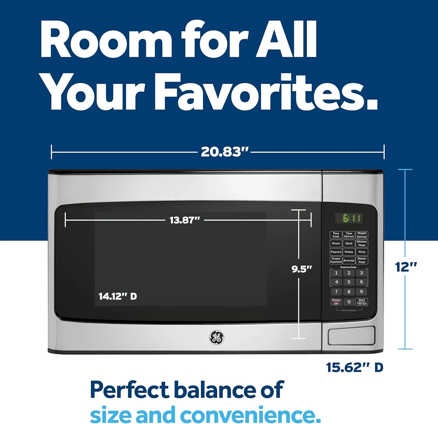 GE Countertop Microwave Oven, Compact 1.1 Cubic Ft., 950-watt Capacity, 6 Auto Cooking Settings, Child-Lock Technology, Kitchen Essentials for the Countertop, Dorm Room or Apartment, Stainless Steel