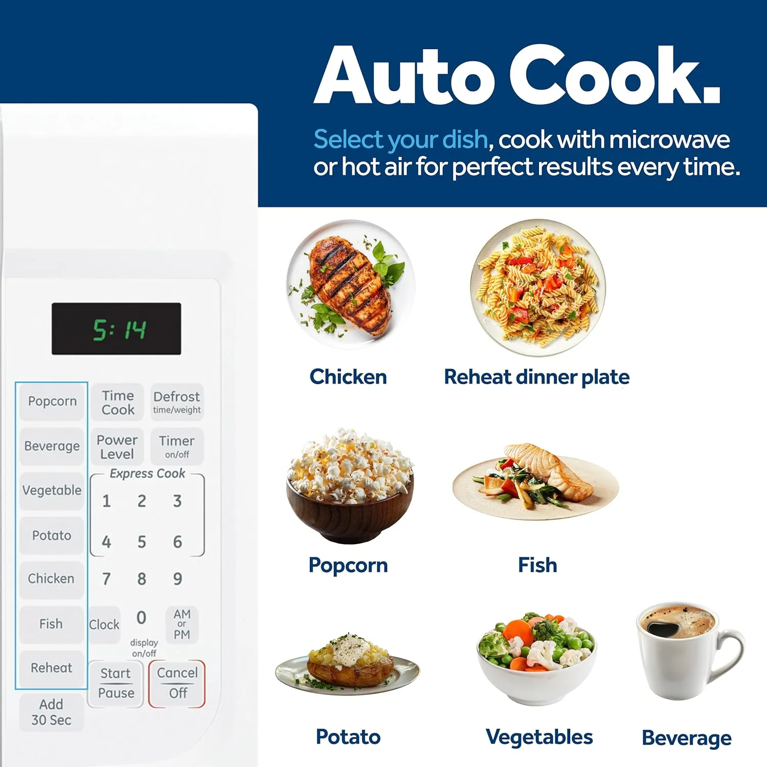 GE GCST14S1WWW Microwave Oven,1,100-watt 7 Auto Cooking Settings, Child-Lock Technology, Kitchen Essentials for The Countertop, Dorm Room or Apartment, 1.4 Cu. Ft, White