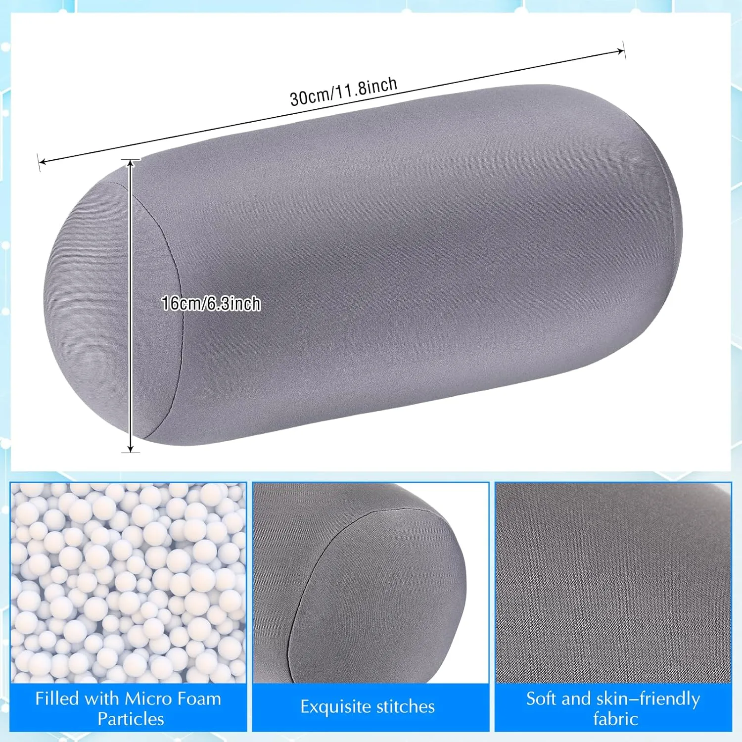 Geelin 2 Pcs Microbead Roll Pillow 11.8 x 6.3 Inch Soft Pillow Bolster Cylindrical Pillow Microbead Pillows for Sleeping Home Travel Neck Head Back Support Rest (Grey)