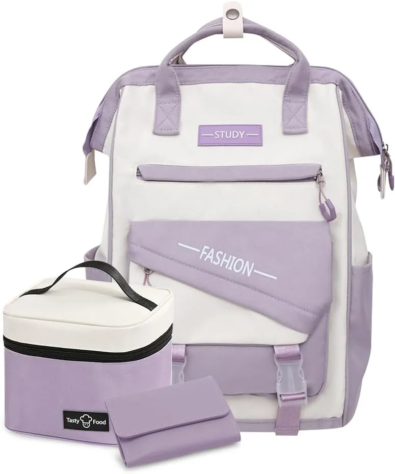Geelragaly Laptop Backpack for 15.7 -inch Laptops, Waterproof Backpack for Female, with Lunch Bagand wallet, Three - piece set,purple.