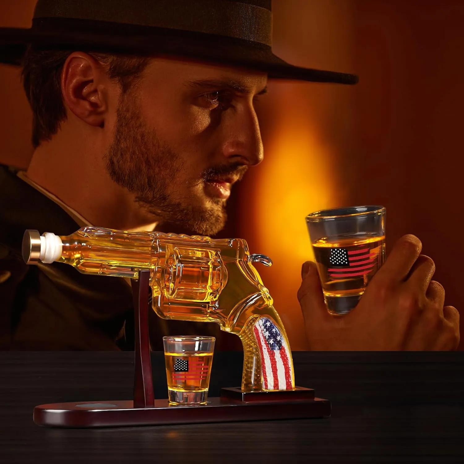 Gifts for Men Dad, Unique Anniversary Birthday Gift for Him Husband, 9 Oz Whiskey Decanter Set with 2 Oz Shot Glasses, Cool Patriotic Military Presents liquor dispenser for Home Bar ManCave