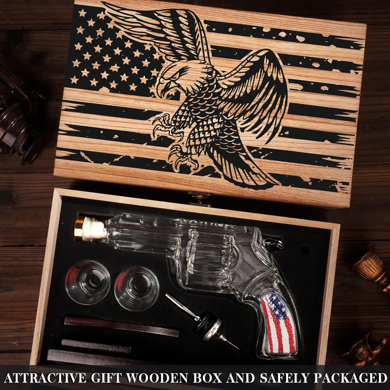 Gifts for Men Dad, Unique Anniversary Birthday Gift for Him Husband, 9 Oz Whiskey Decanter Set with 2 Oz Shot Glasses, Cool Patriotic Military Presents liquor dispenser for Home Bar ManCave