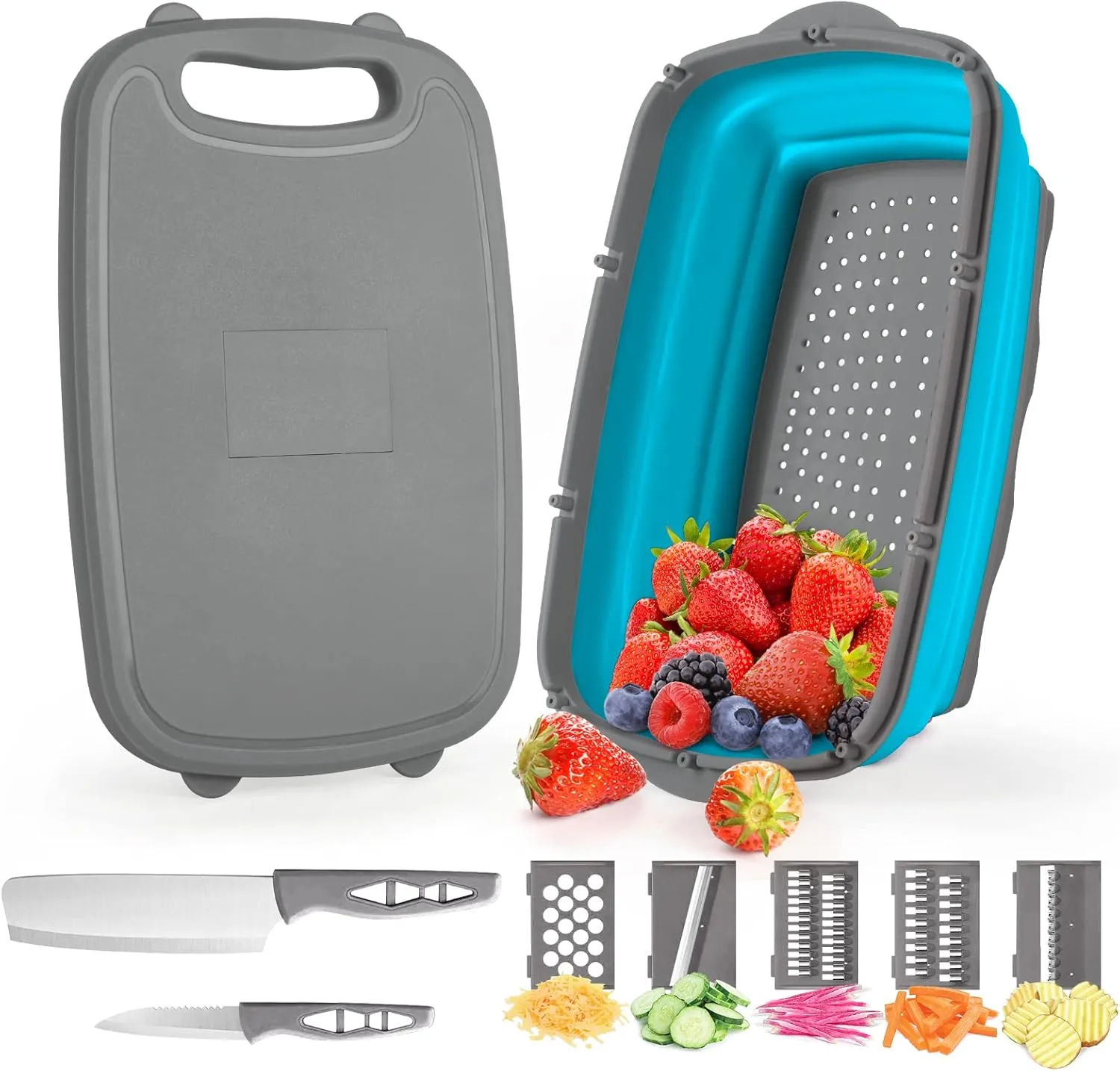 Gintan Camping Cutting Board, 9-in-1 Collapsible Chopping Board with Colander, Kitchen Vegetable Washing Basket for Camping, Camping Gifts Camping Accessories for RV Campers (Blue Grey)