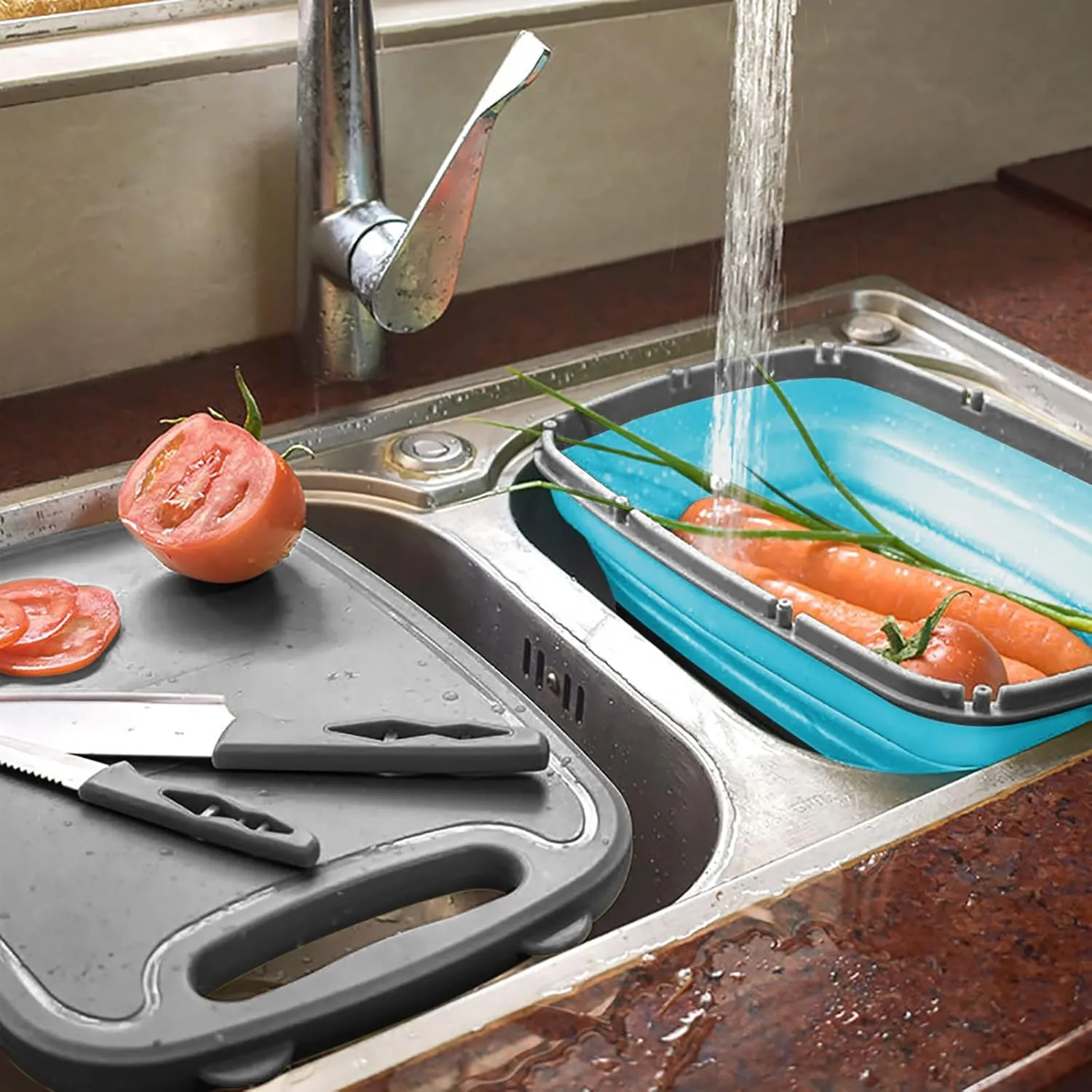 Gintan Camping Cutting Board, 9-in-1 Collapsible Chopping Board with Colander, Kitchen Vegetable Washing Basket for Camping, Camping Gifts Camping Accessories for RV Campers (Blue Grey)