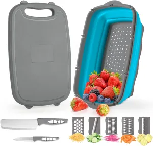 Gintan Camping Cutting Board, 9-in-1 Collapsible Chopping Board with Colander, Kitchen Vegetable Washing Basket for Camping, Camping Gifts Camping Accessories for RV Campers (Blue Grey)
