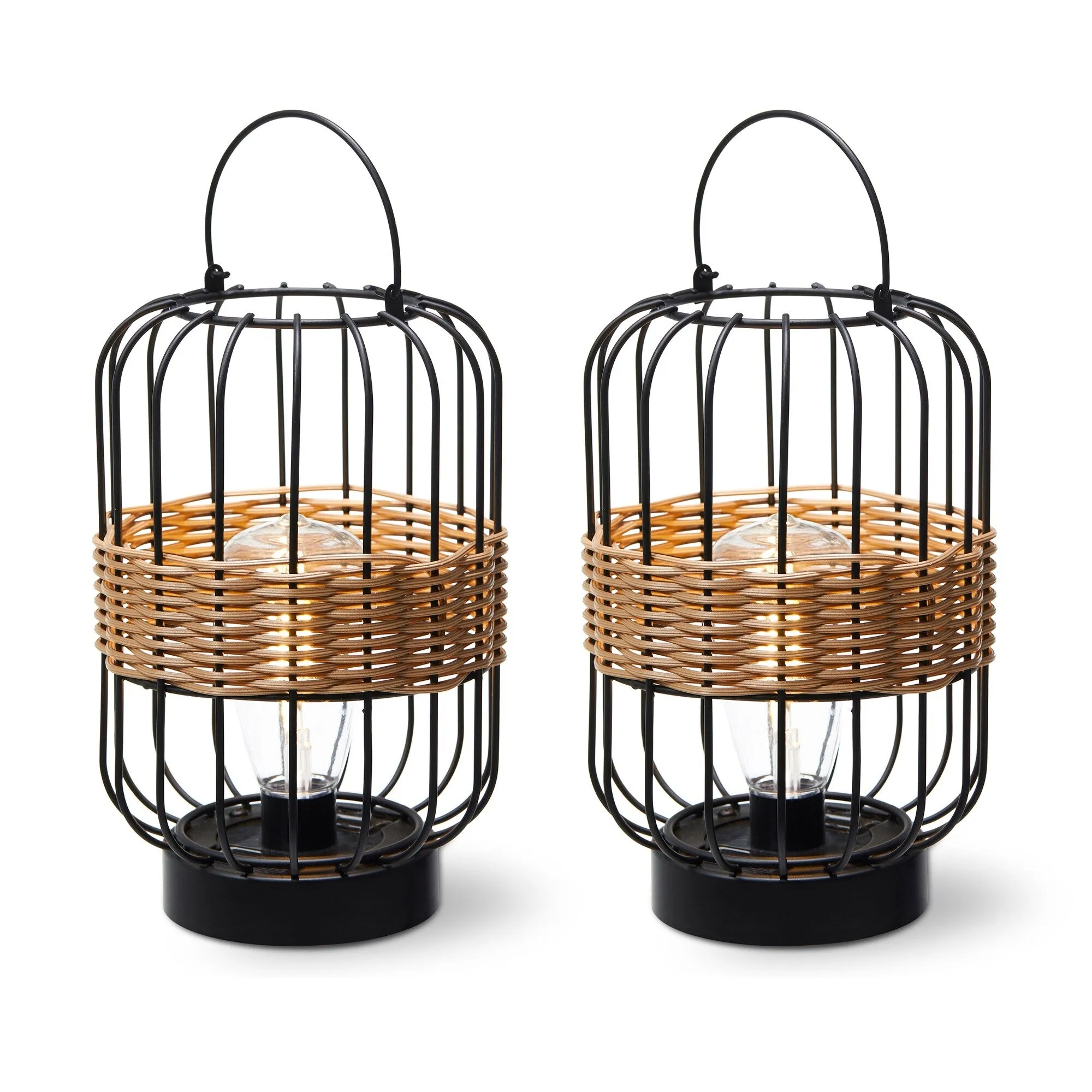 Glitzhome 11.75"H Metal & Faux Rattan Solar Powered Outdoor Lantern with Edison Bulb