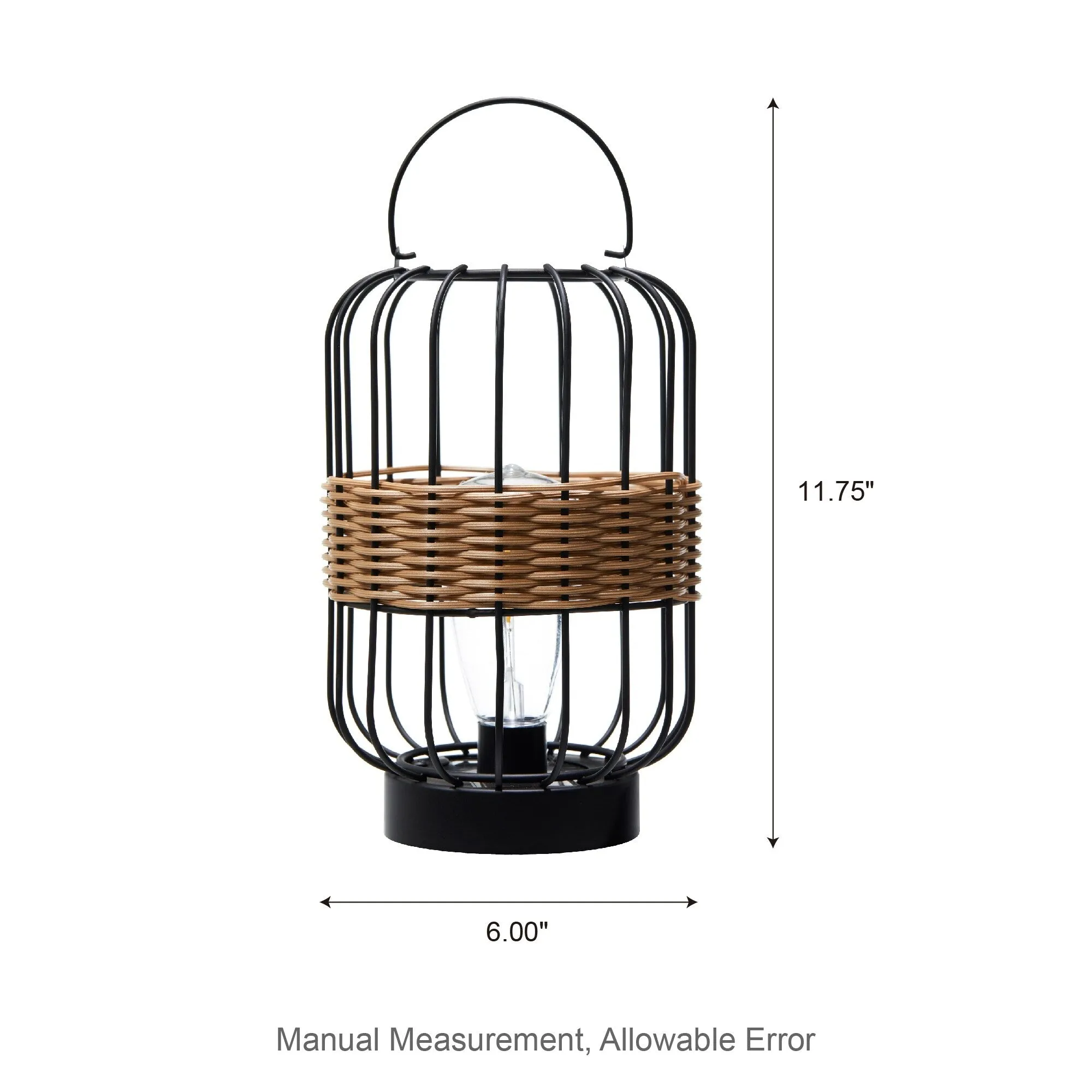 Glitzhome 11.75"H Metal & Faux Rattan Solar Powered Outdoor Lantern with Edison Bulb