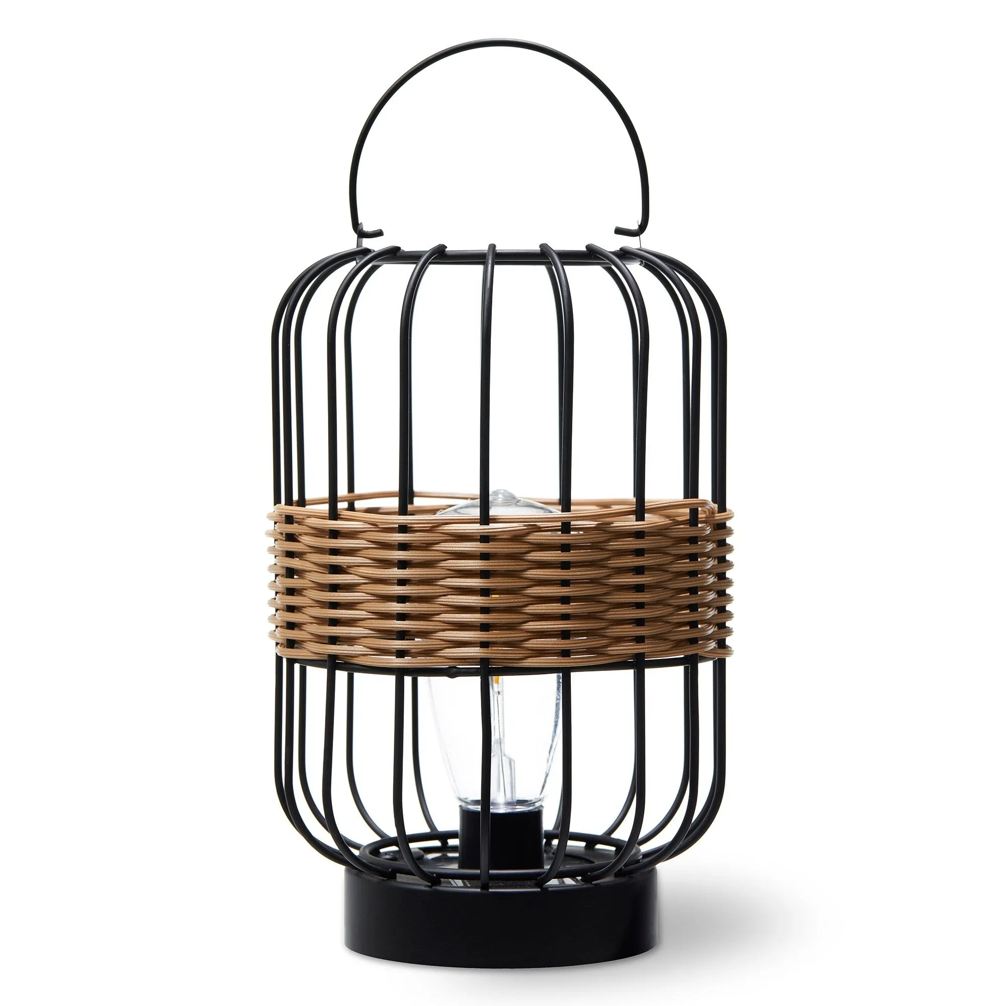 Glitzhome 11.75"H Metal & Faux Rattan Solar Powered Outdoor Lantern with Edison Bulb