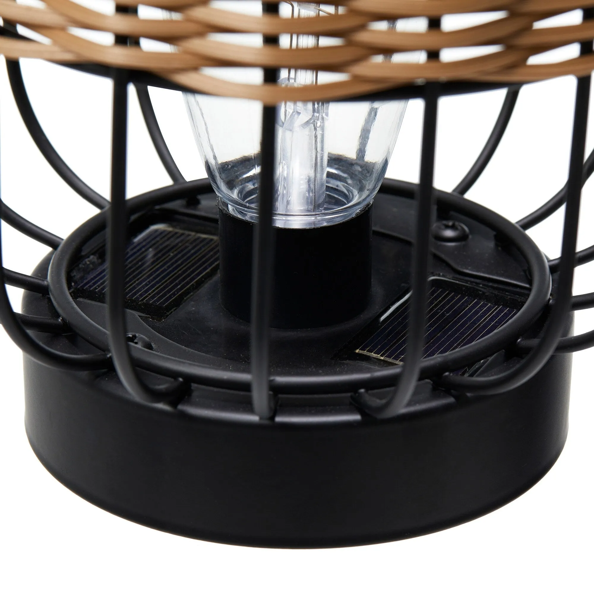 Glitzhome 11.75"H Metal & Faux Rattan Solar Powered Outdoor Lantern with Edison Bulb