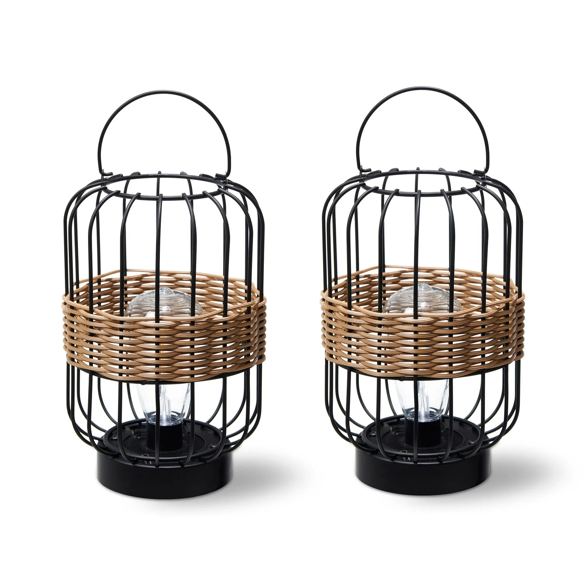 Glitzhome 11.75"H Metal & Faux Rattan Solar Powered Outdoor Lantern with Edison Bulb