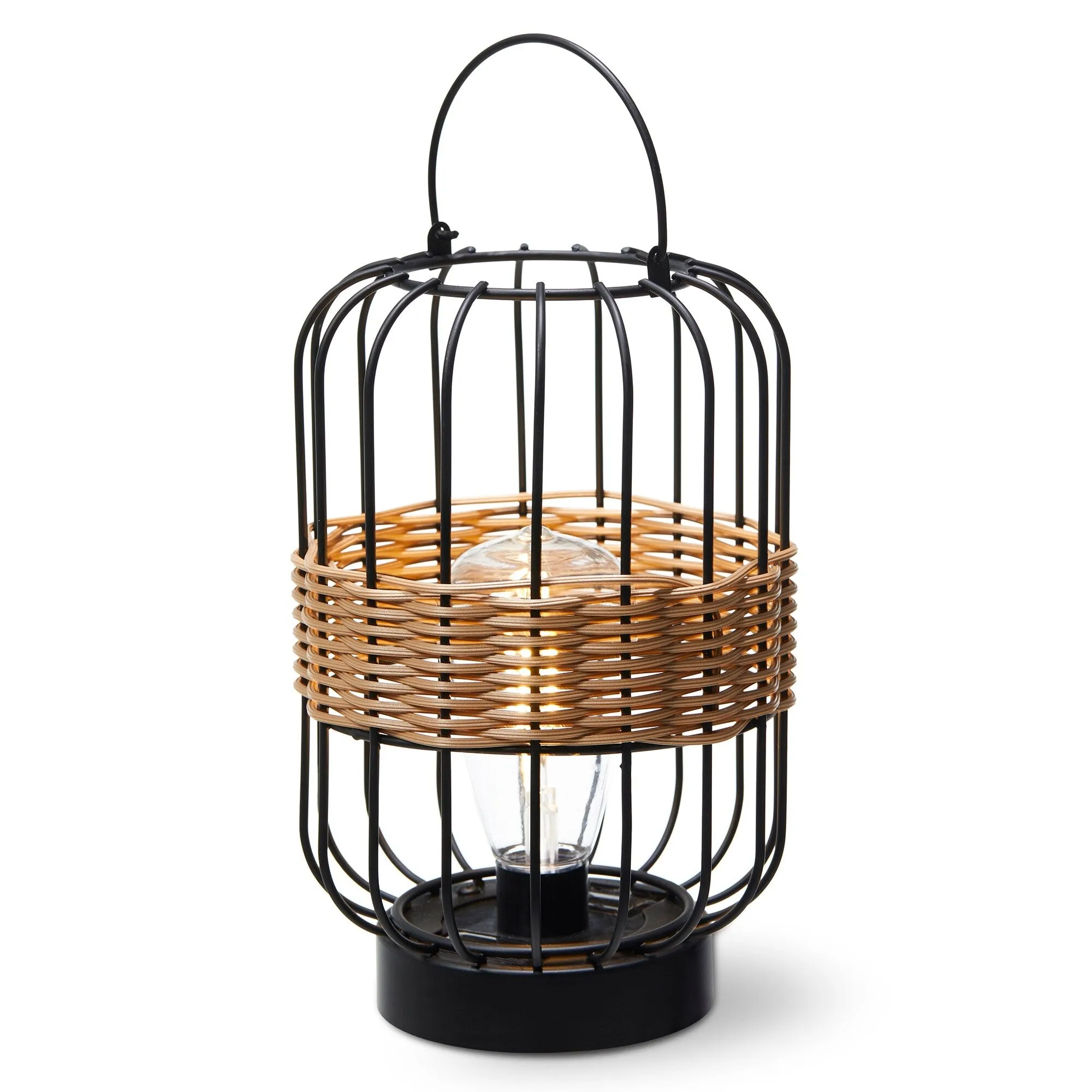 Glitzhome 11.75"H Metal & Faux Rattan Solar Powered Outdoor Lantern with Edison Bulb