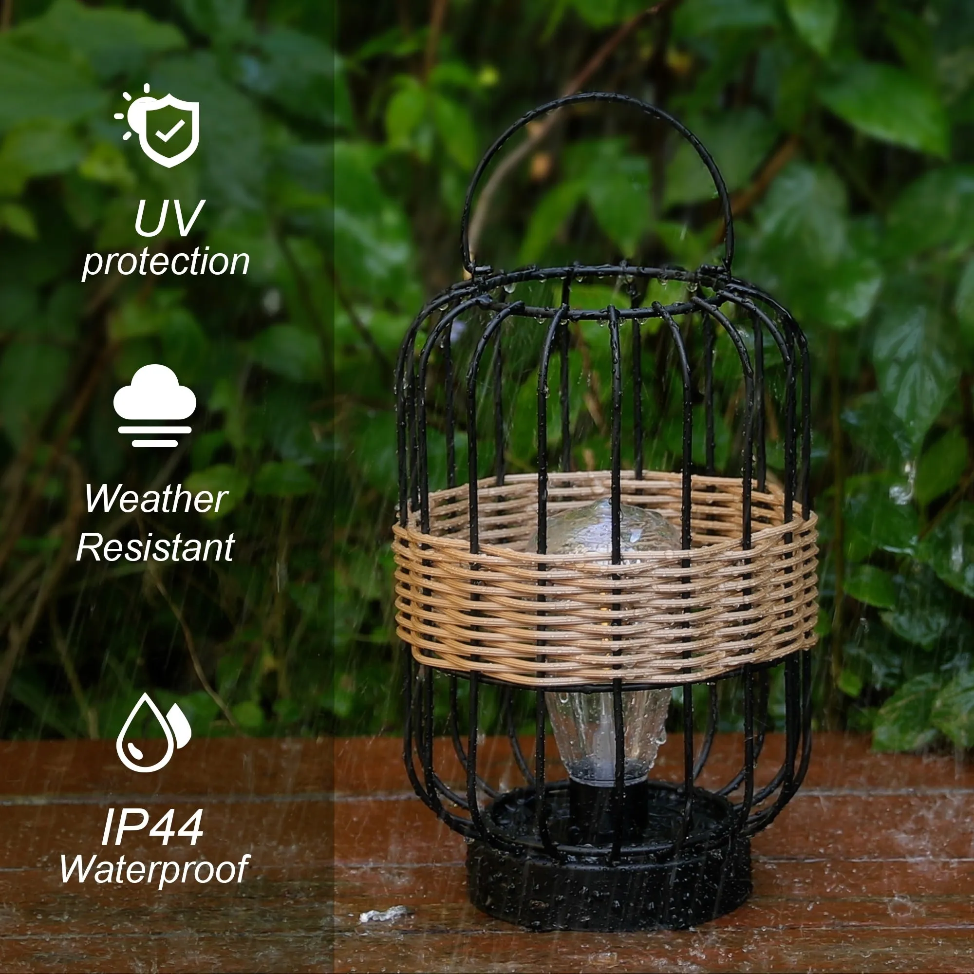 Glitzhome 11.75"H Metal & Faux Rattan Solar Powered Outdoor Lantern with Edison Bulb