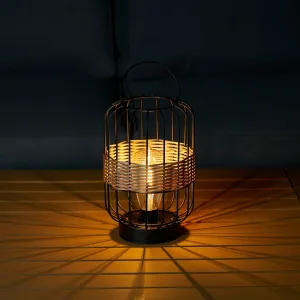 Glitzhome 11.75"H Metal & Faux Rattan Solar Powered Outdoor Lantern with Edison Bulb