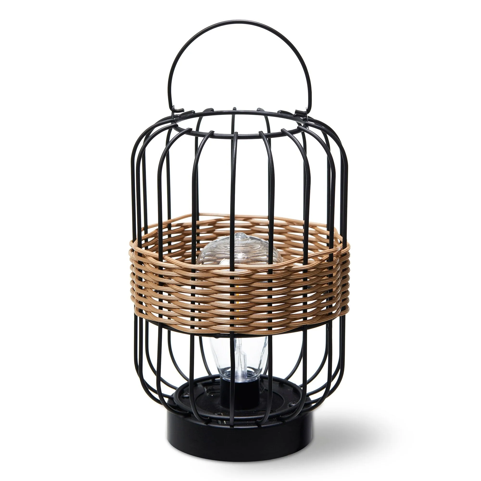 Glitzhome 11.75"H Metal & Faux Rattan Solar Powered Outdoor Lantern with Edison Bulb