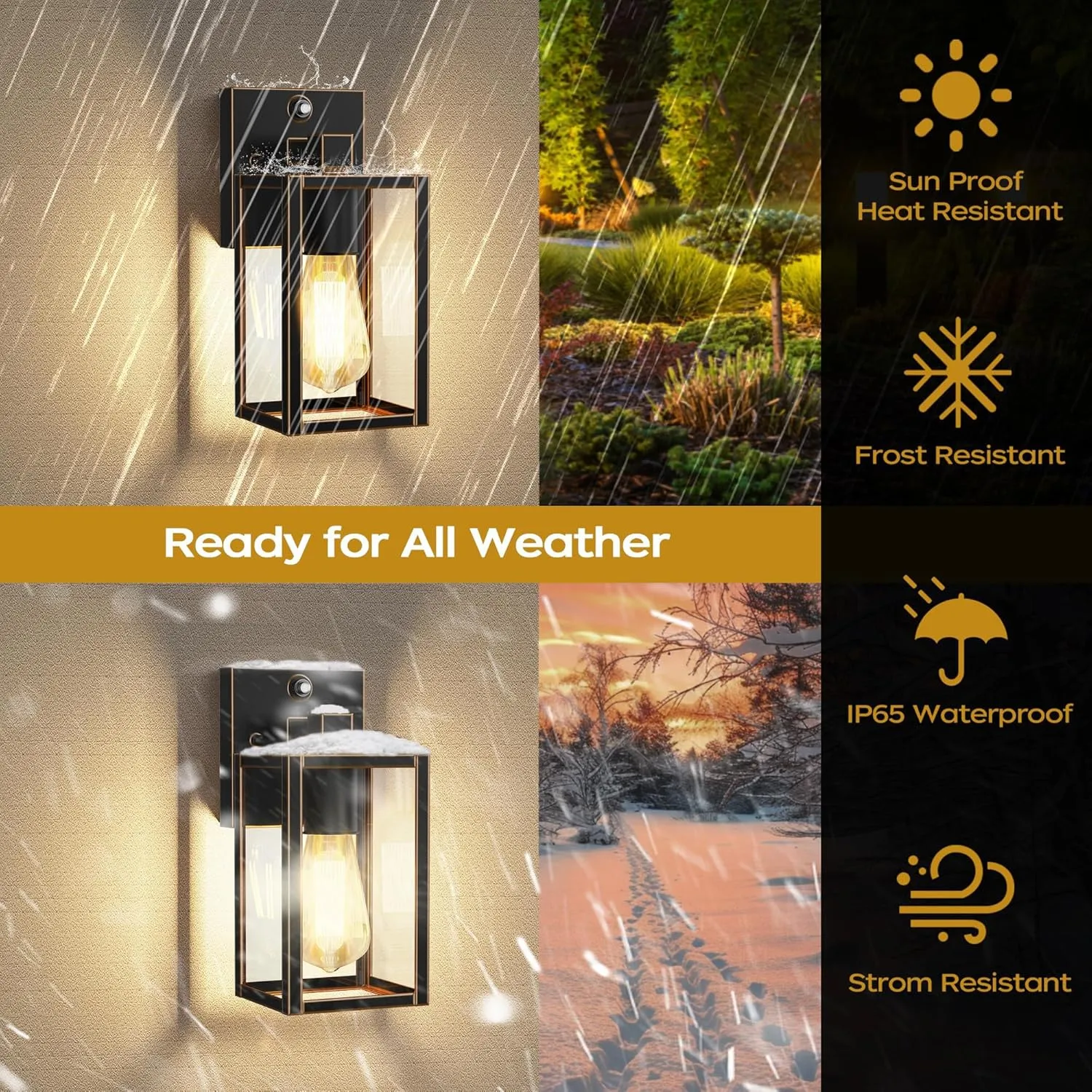Gold Dusk to Dawn Porch Lights Fixtures, Outdoor Lights for House, Outdoor Wall Lights Exterior, Waterproof Wall Sconce Lamp, Wall Lantern, Anti Rust Coach Lights for Doorway (Black with Gold Rim)