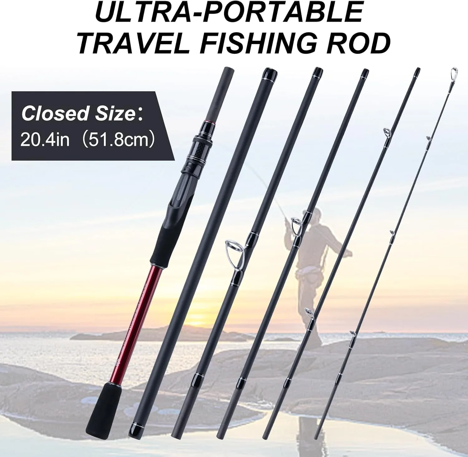 Goture Travel Fishing Rod - Spinning Fishing Rods - Portable 5/6 Sections Adjustable-Length Lightweight 24T Carbon Fiber Fishing Rods for Saltwater Freshwater Trout Bass Walleye Pike, Red