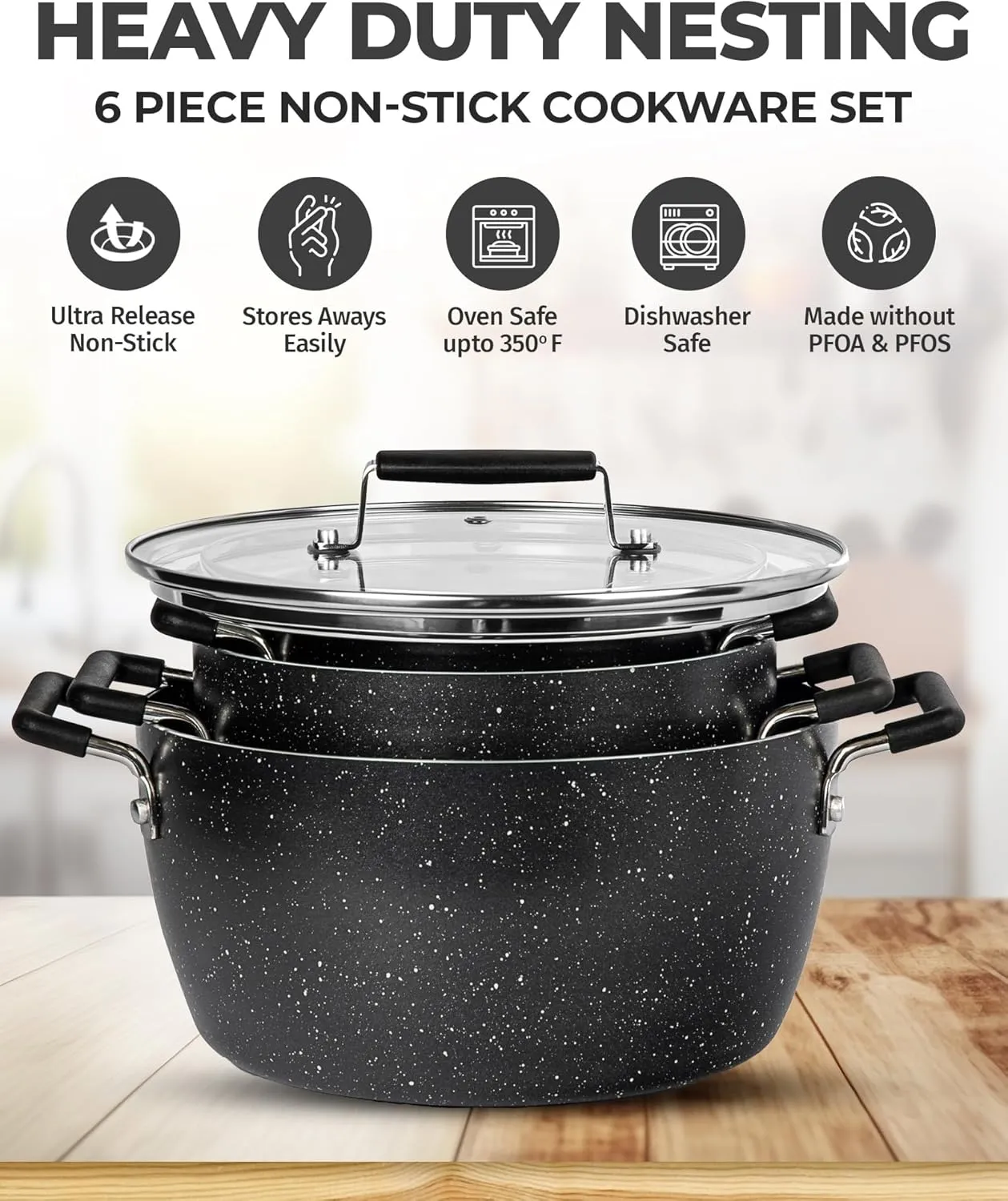 Granitestone Black Pots and Pans Set Nonstick, 6 Stackable Piece Cooking Pots Set, Kitchen Pots, Non Stick Coating, 5qt 3qt & 1.5qt Pots with Lids, Stay Cool Handles Dishwasher Safe 100% Toxin Free