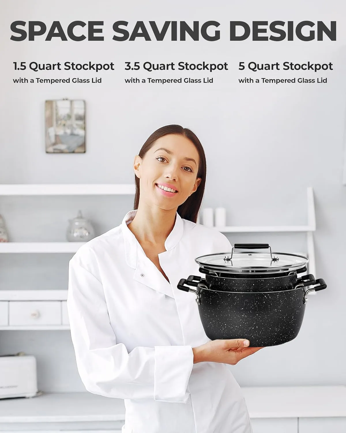 Granitestone Black Pots and Pans Set Nonstick, 6 Stackable Piece Cooking Pots Set, Kitchen Pots, Non Stick Coating, 5qt 3qt & 1.5qt Pots with Lids, Stay Cool Handles Dishwasher Safe 100% Toxin Free