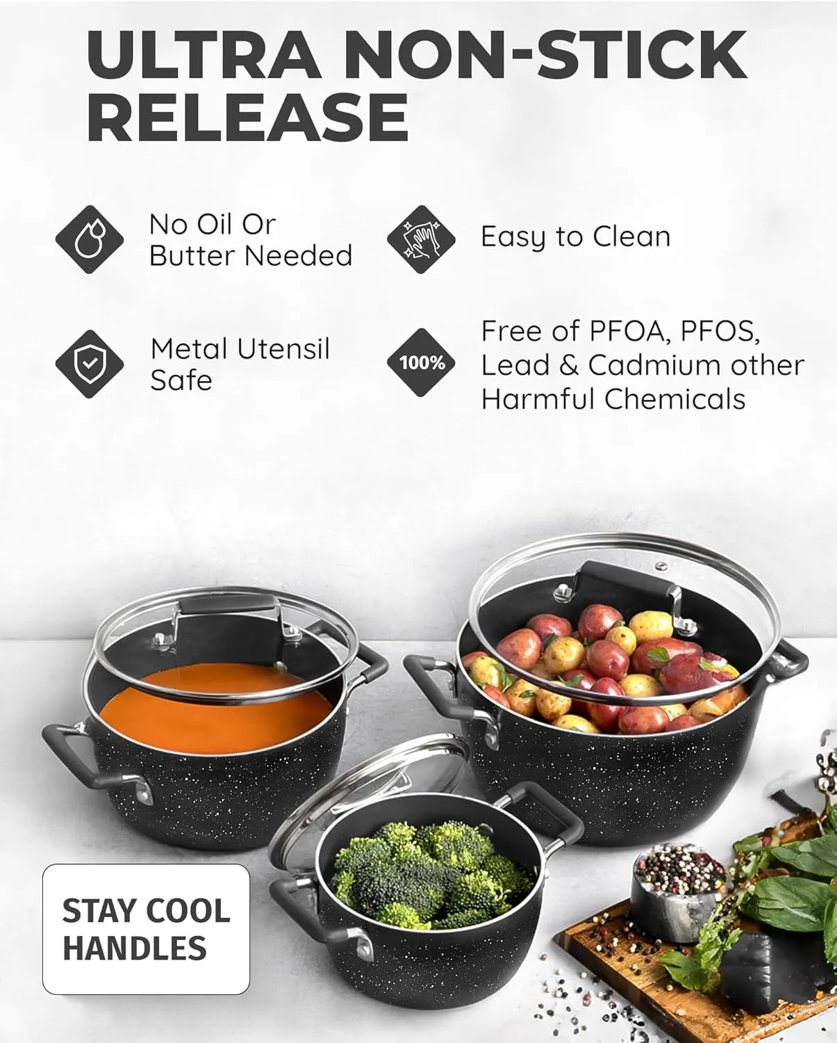 Granitestone Black Pots and Pans Set Nonstick, 6 Stackable Piece Cooking Pots Set, Kitchen Pots, Non Stick Coating, 5qt 3qt & 1.5qt Pots with Lids, Stay Cool Handles Dishwasher Safe 100% Toxin Free