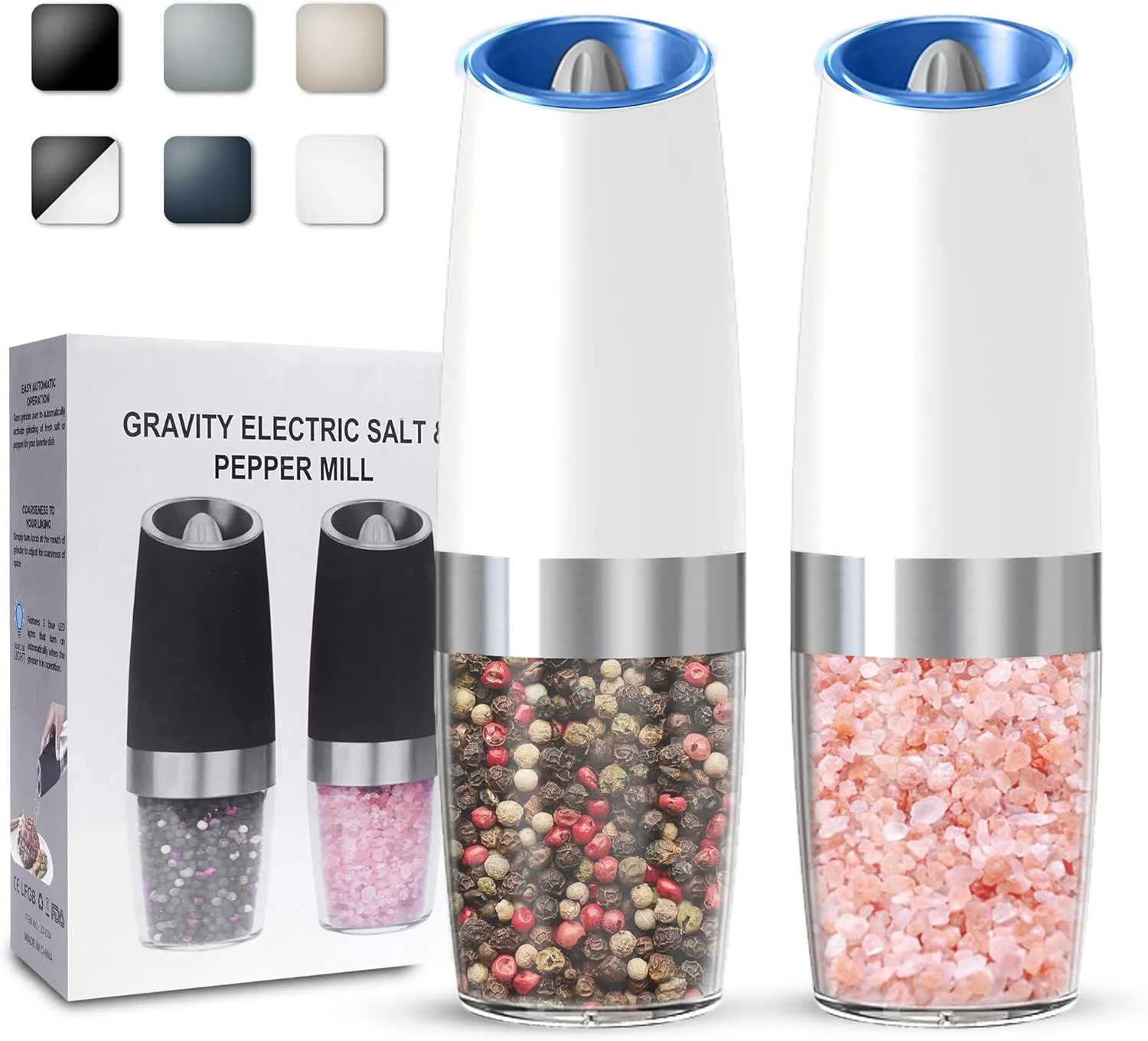 Gravity Electric Salt and Pepper Grinder set of 2, Automatic Salt And Pepper Grinder Set, Adjustable Roughness, Battery Powered, LED Light, 2 Pack, (White)