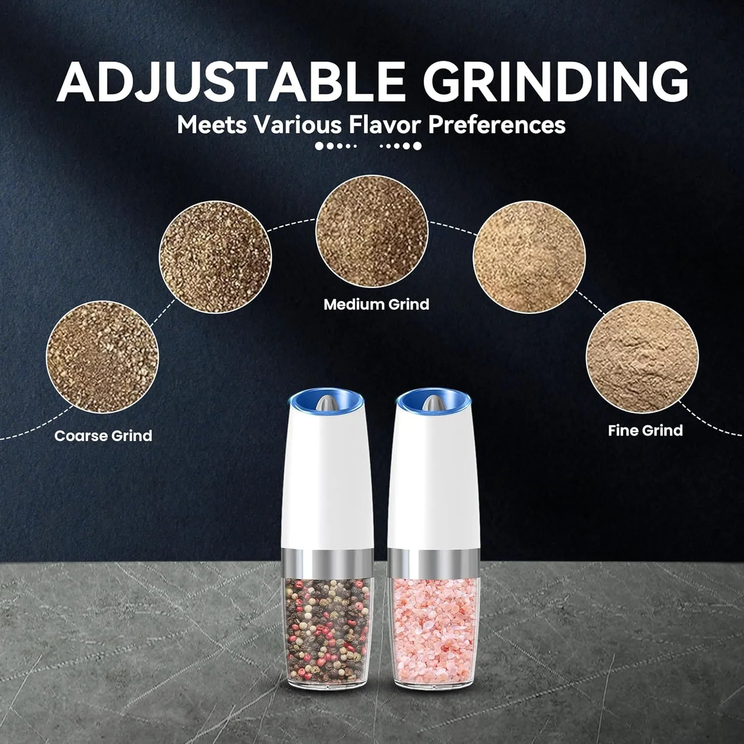 Gravity Electric Salt and Pepper Grinder set of 2, Automatic Salt And Pepper Grinder Set, Adjustable Roughness, Battery Powered, LED Light, 2 Pack, (White)