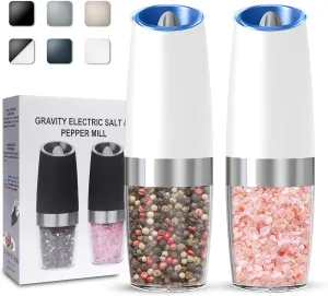 Gravity Electric Salt and Pepper Grinder set of 2, Automatic Salt And Pepper Grinder Set, Adjustable Roughness, Battery Powered, LED Light, 2 Pack, (White)