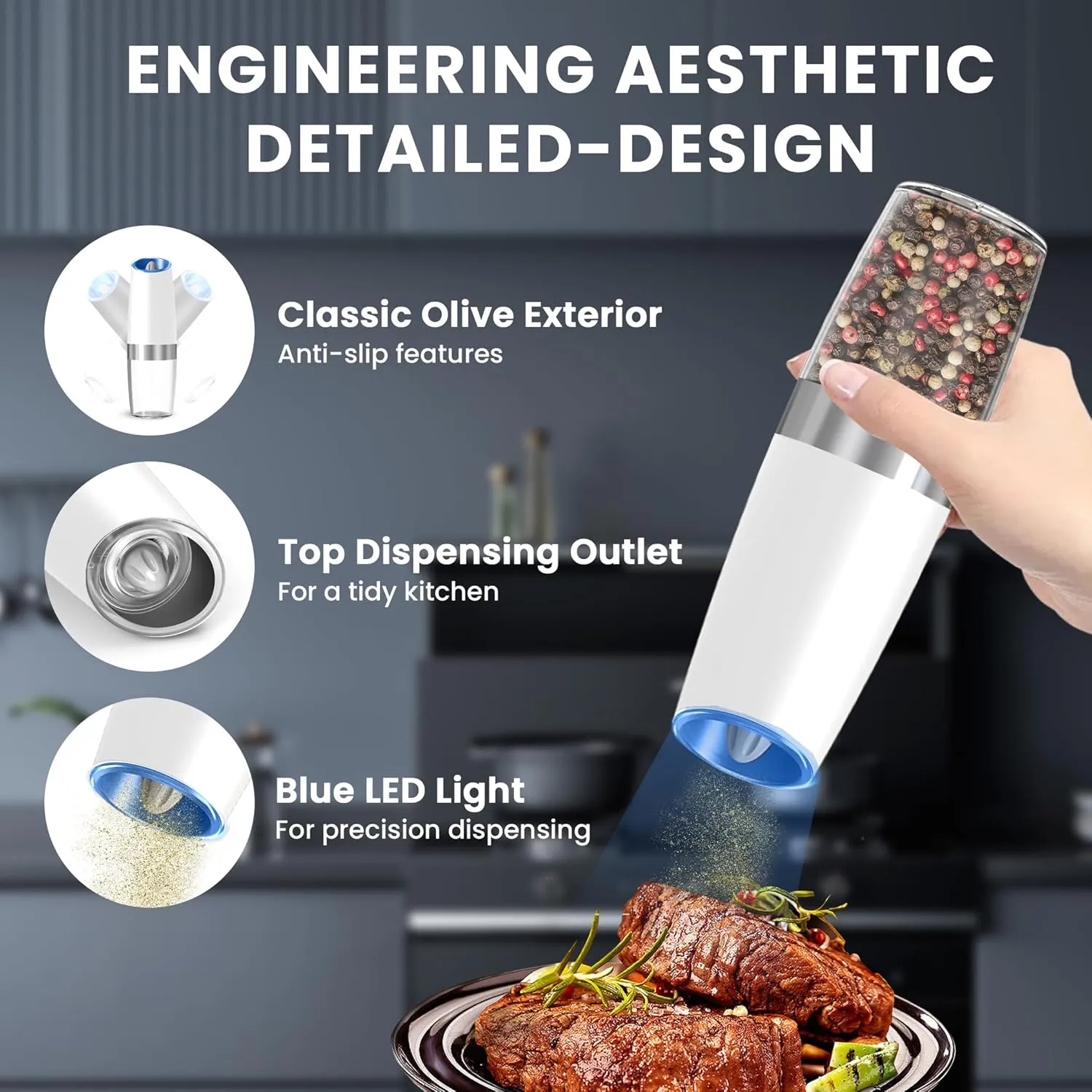 Gravity Electric Salt and Pepper Grinder set of 2, Automatic Salt And Pepper Grinder Set, Adjustable Roughness, Battery Powered, LED Light, 2 Pack, (White)