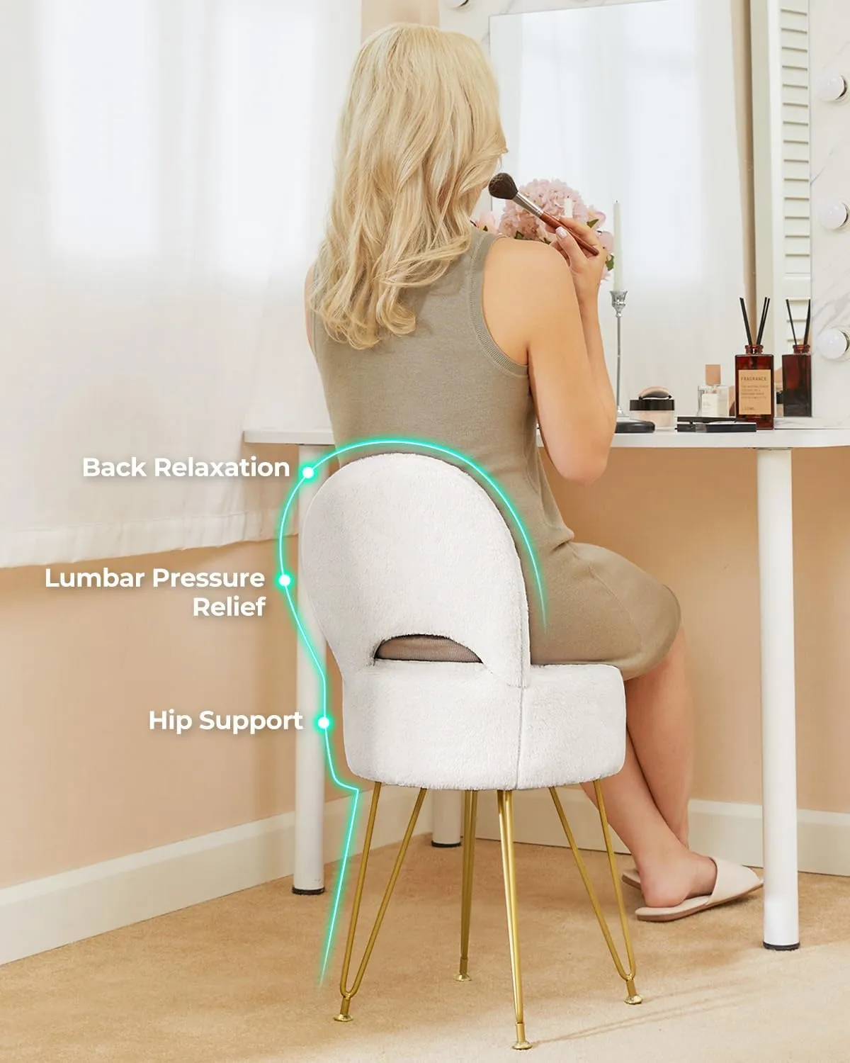 GREENSTELL Small Vanity Stool Chair with Storage and Folding Back, 13" x 13" x 17.7" Faux Fur Soft Ottoman for Teenager, 4 Metal Legs with Anti-Slip Feet, Furry Padded Seat for Makeup, Bedroom, White